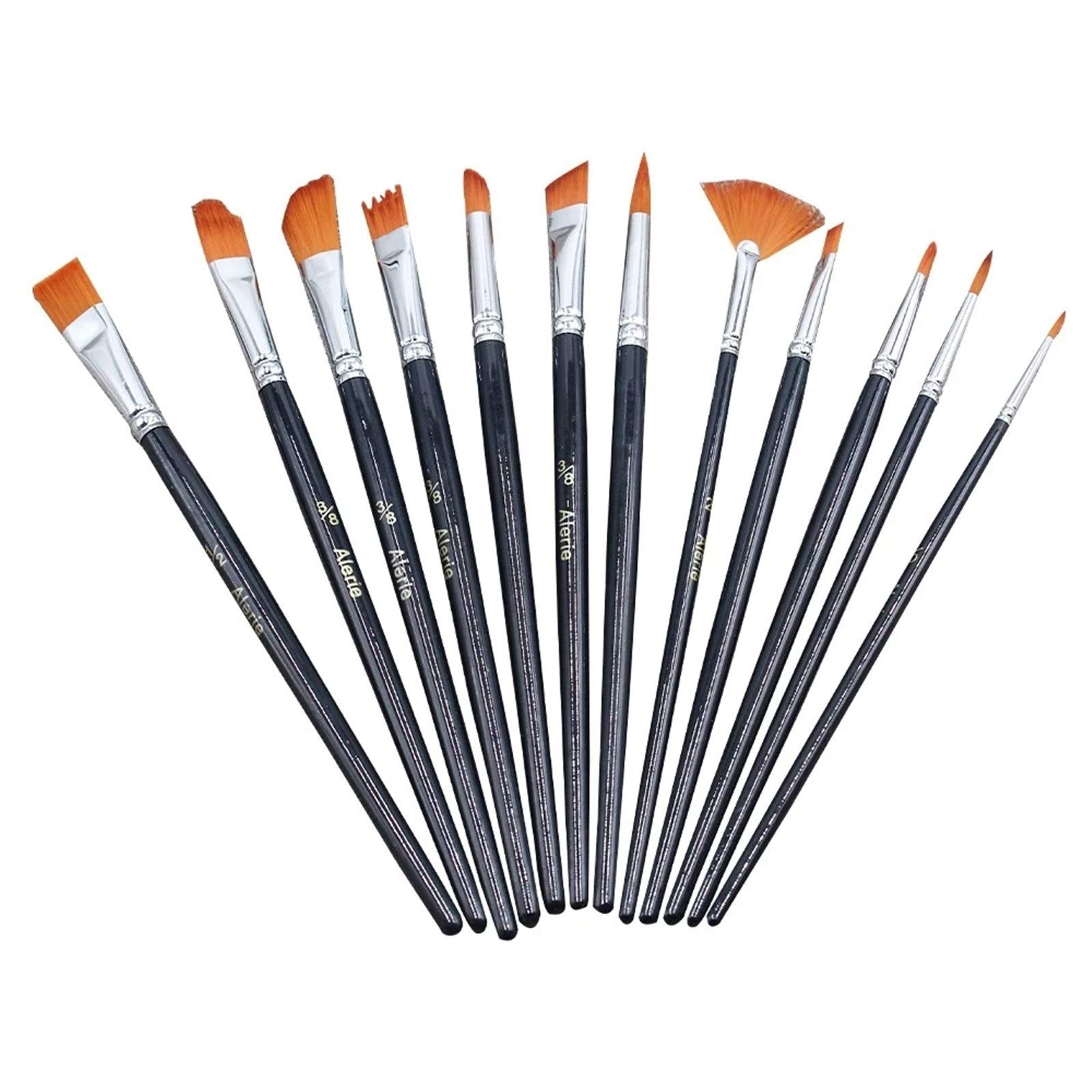 Pinsel-Set, 12-teilig, verschiedene Größen, Nylonhaar, Holzgriff, professioneller Künstlerpinsel für Acryl, Öl, Aquarell (Schwarz, Einheitsgröße)