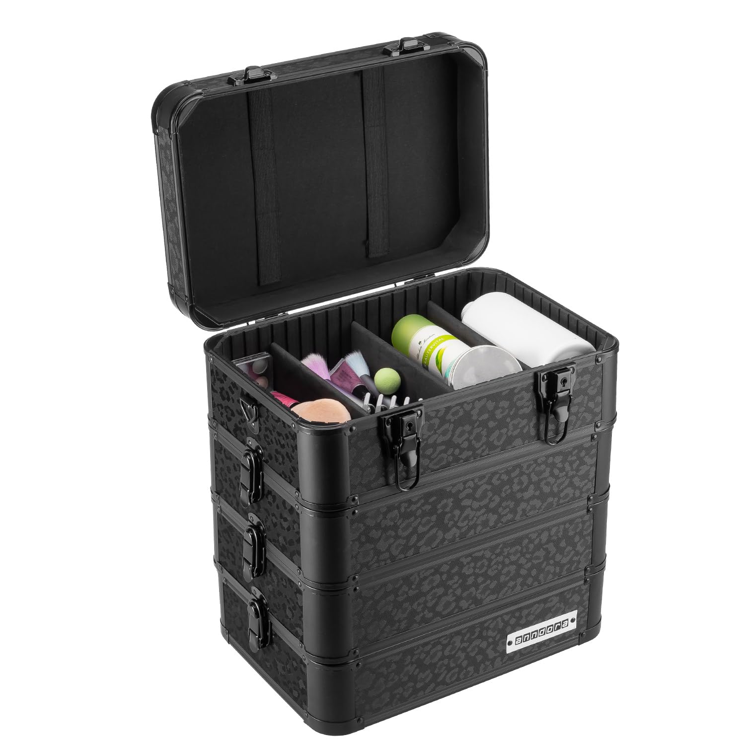 anndora Universalkoffer Etagenkoffer 23 Liter Werkzeugkiste 4 Ebenen – Leo Panther Design – komplett schwarz