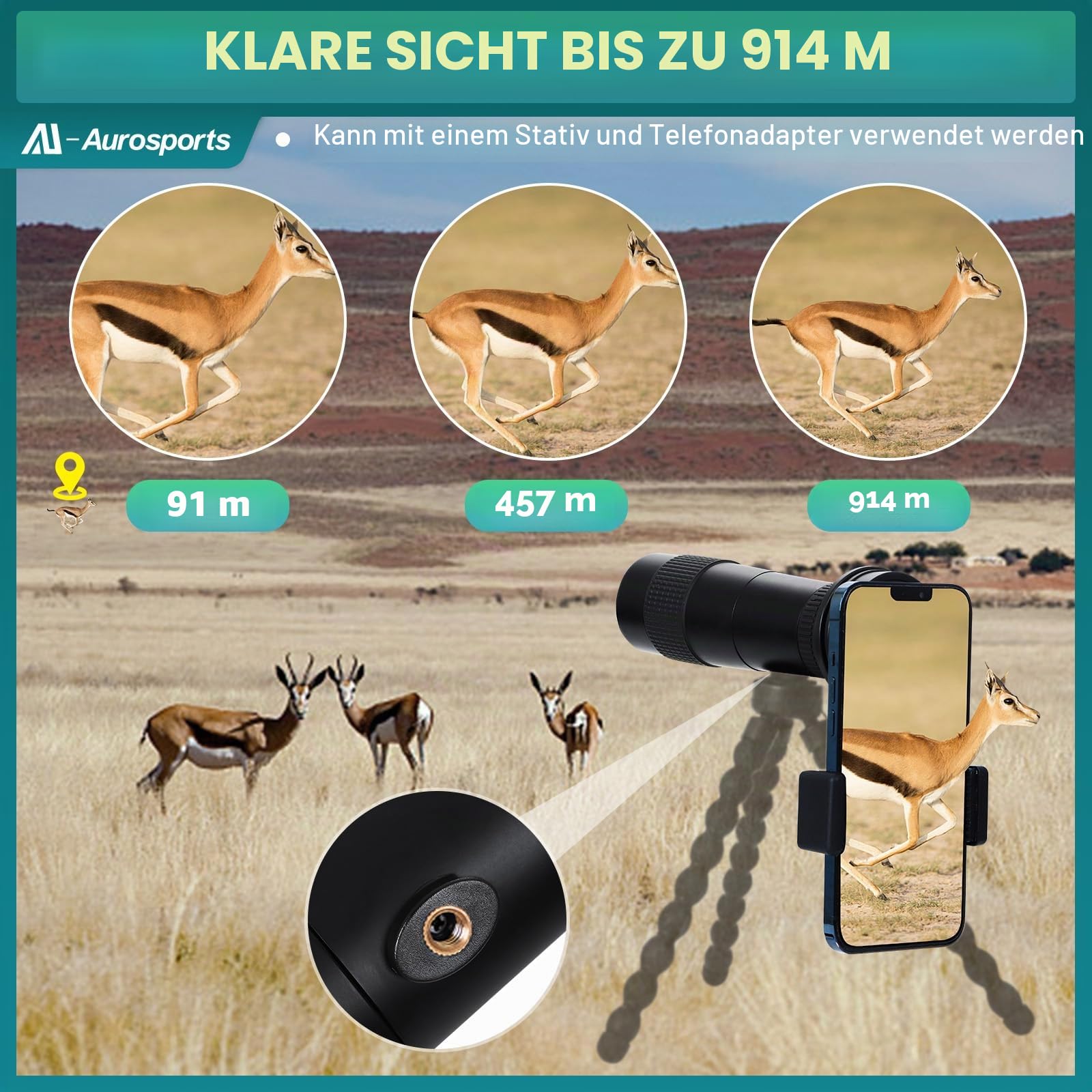 Aurosports 10-30x40 Zoom Monokular Teleskop Erwachsene, Bak4 Prisma Dual Fokus Fernrohr Kompakt Monokulare für Wildtiere Vogelbeobachtung Wandern Jagd Camping,Geschenke für Männer