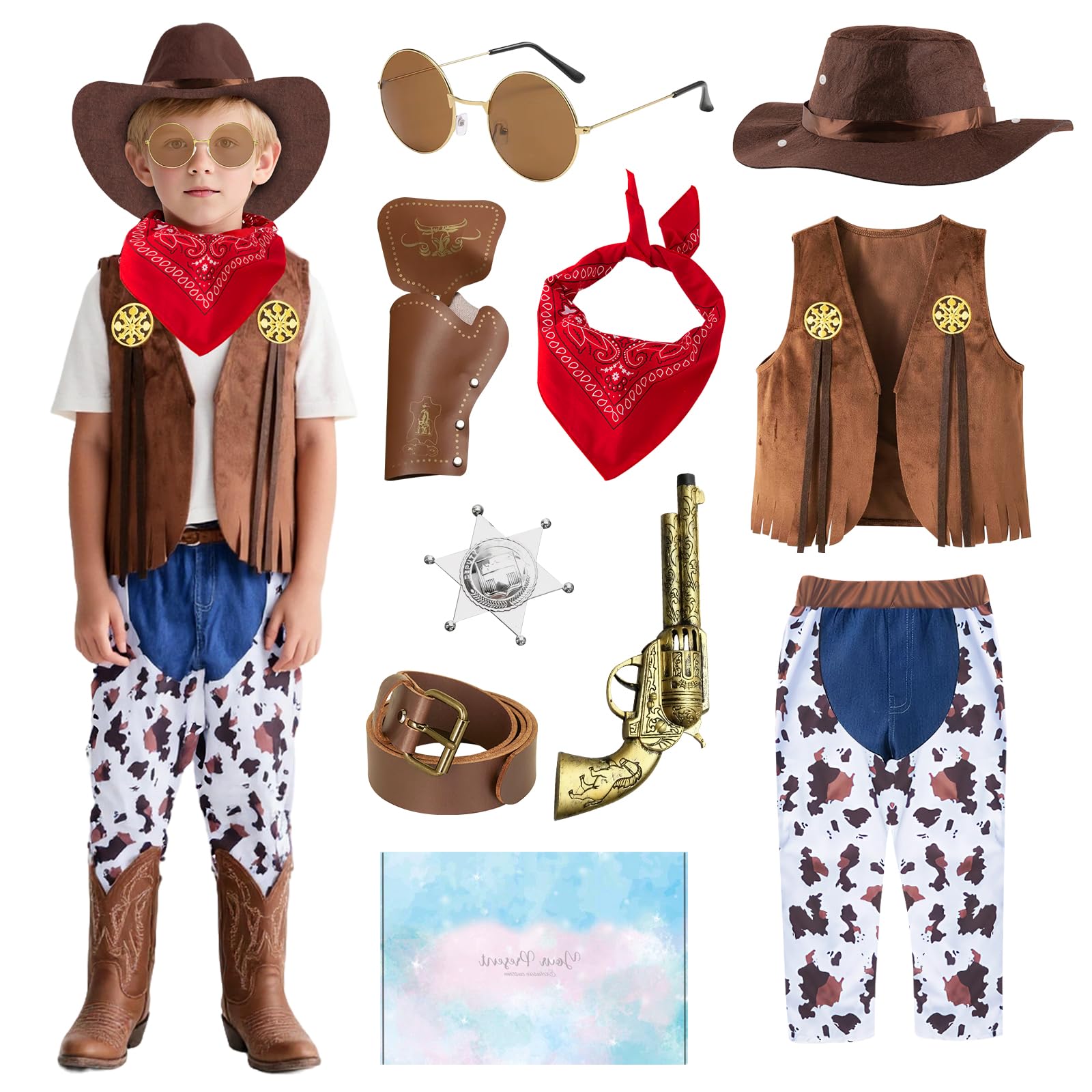 Costume Cowboy Bambino, Western Vestito da Cowboy Bambini con Gilet, Pantaloni, Cappello, Bandana Accessori, Costume da Cowboy Bambino per Halloween Carnevale Dress Up Festa Cosplay, 3-10 Anni