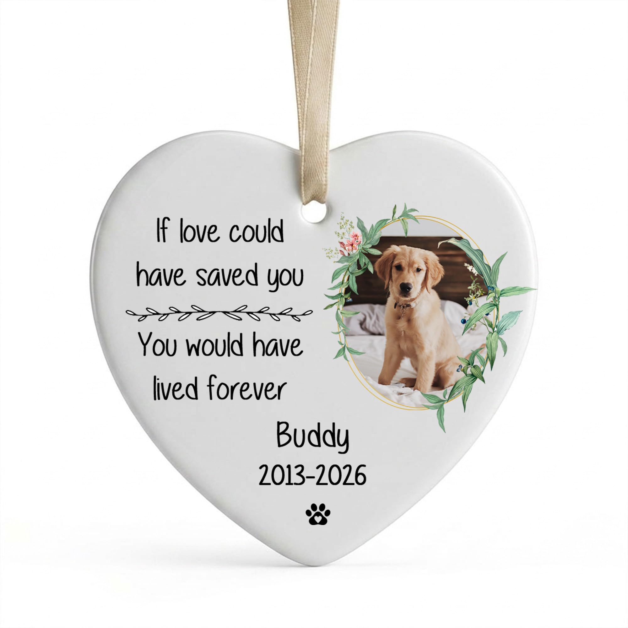 Gutegifts White Personalised Pet Memorial Ornament | “If Love Could Have Saved You” Heart-Shaped Ceramic Bauble Keepsake With Photo | Dog Or Cat Loss Sympathy Gift For Pet Owners