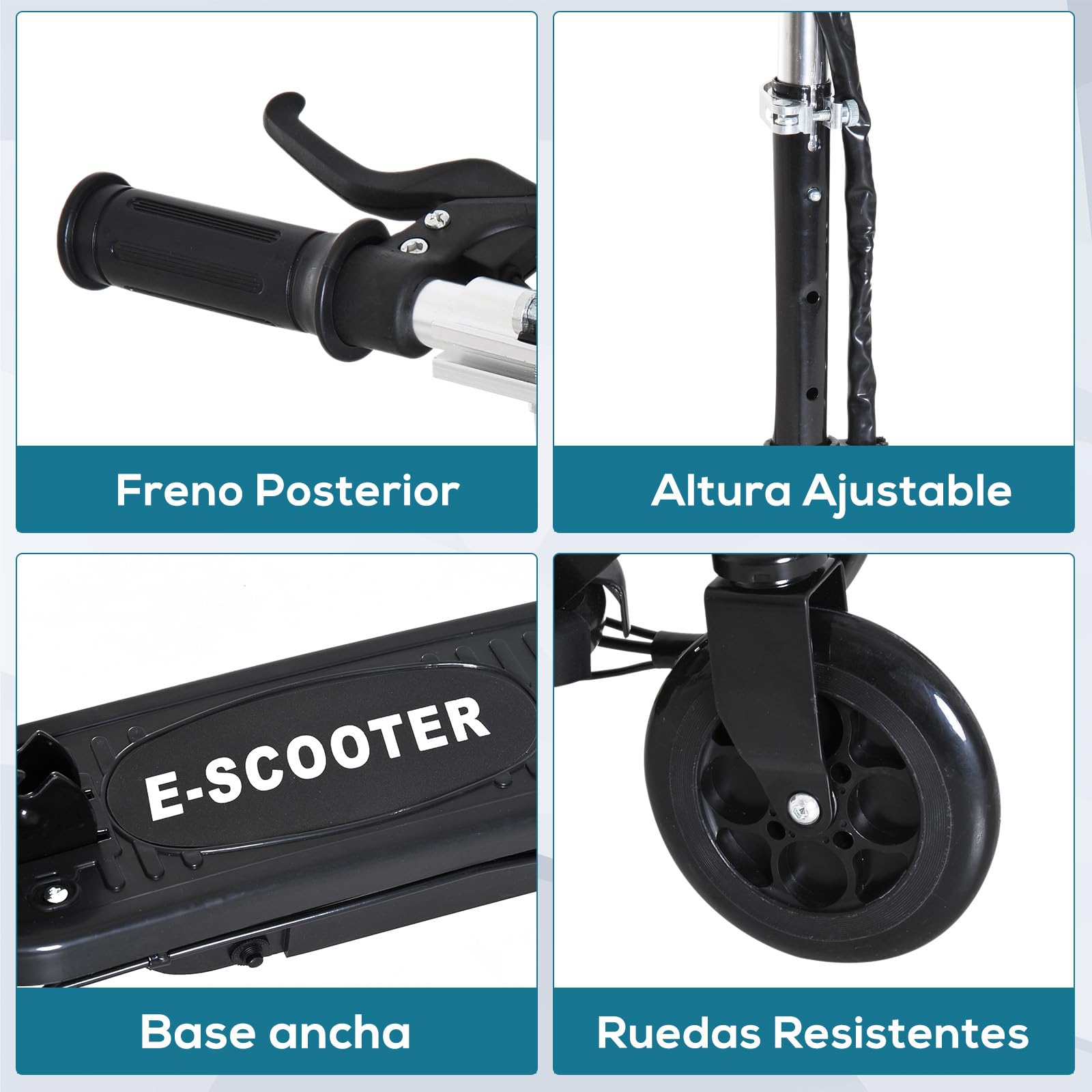 HOMCOM Patinete Eléctrico para Niños de +7 Años Scooter Plegable con Altura Ajustable Batería Recargable 24V Velocidad hasta 12 km/h y Freno Carga 50 kg 74x36x82,5-92,5 cm Negro