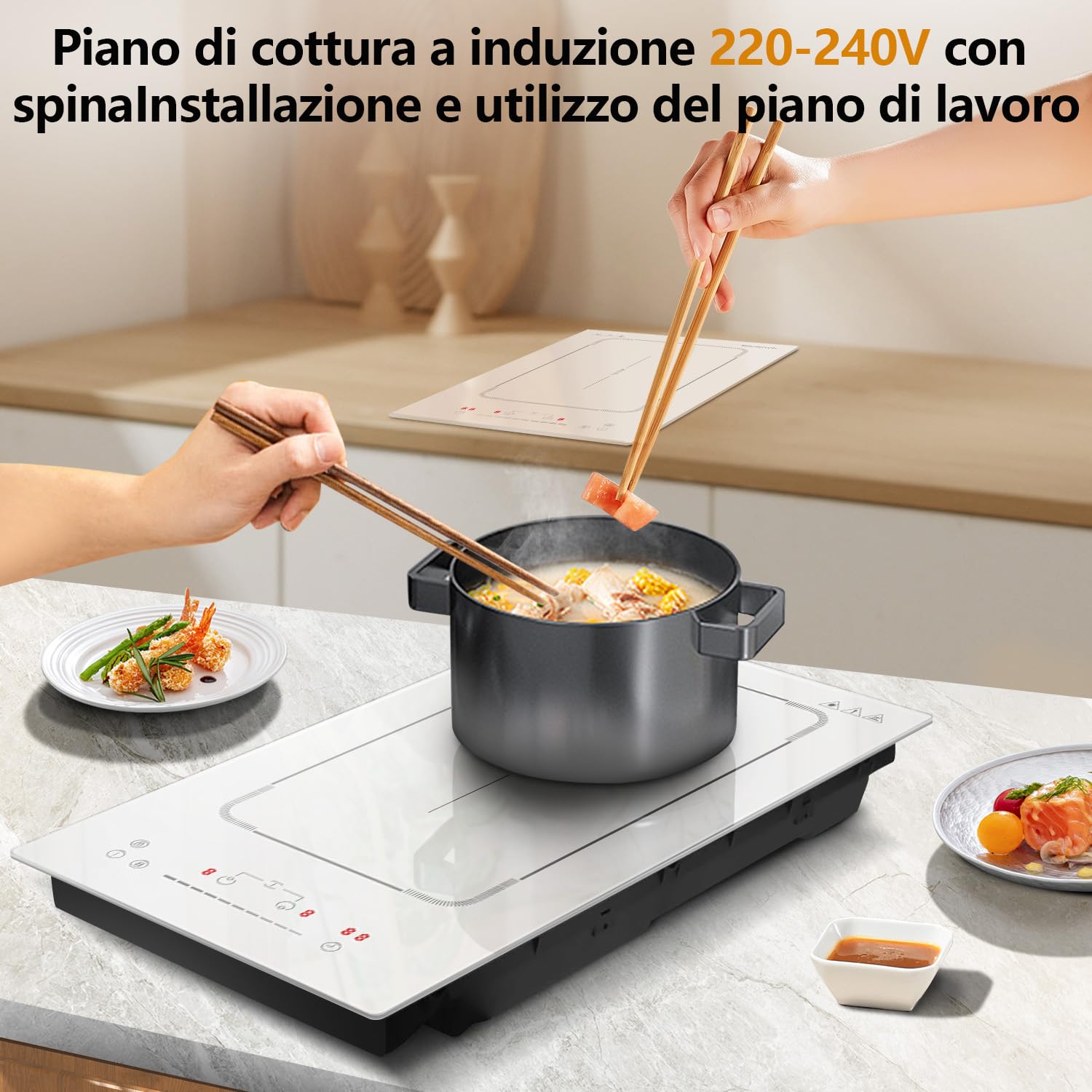 Karienvir Piano induzione 2 fuochi bianco con Spina, Piastra ad Induzione Incasso con Zona Flessibile, Comando a scorrimento, Blocco di sicurezza, Pausa, Timer di 99 minuti, 3500 W