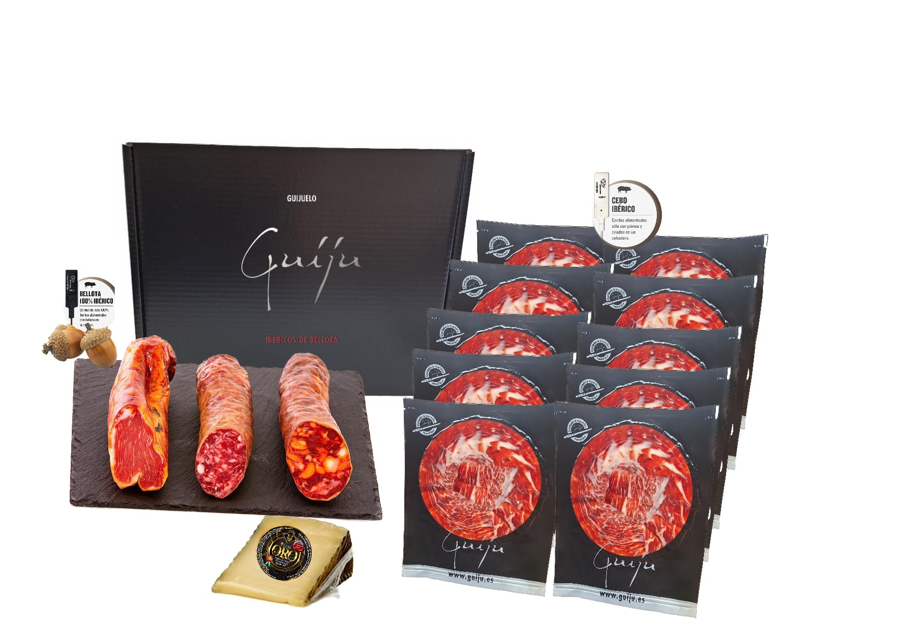 LOTE IBÉRICO 10 platos a cuchillo de jamón ibérico de cebo Y MEDIO LOMO IBÉRICO DE BELLOTA 100% + CHORIZO Y SALCHICHÓN IBÉRICO DE BELLOTA -REGALO QUESO-MARCA GUIJU-CESTA REGALO NAVIDAD.