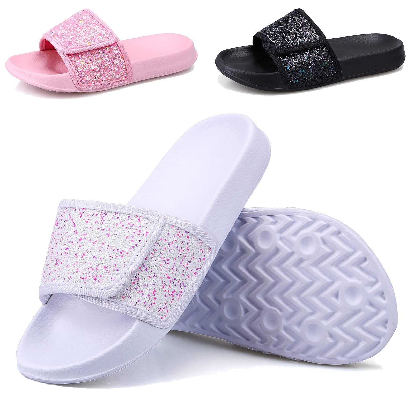 ydscsci Girls Slide Sandals Glitter Sequins Pool Sliders Kids Shower Slippers Beach Flip Flops Hook and Loop Non-slip Thick sole Little Kid
