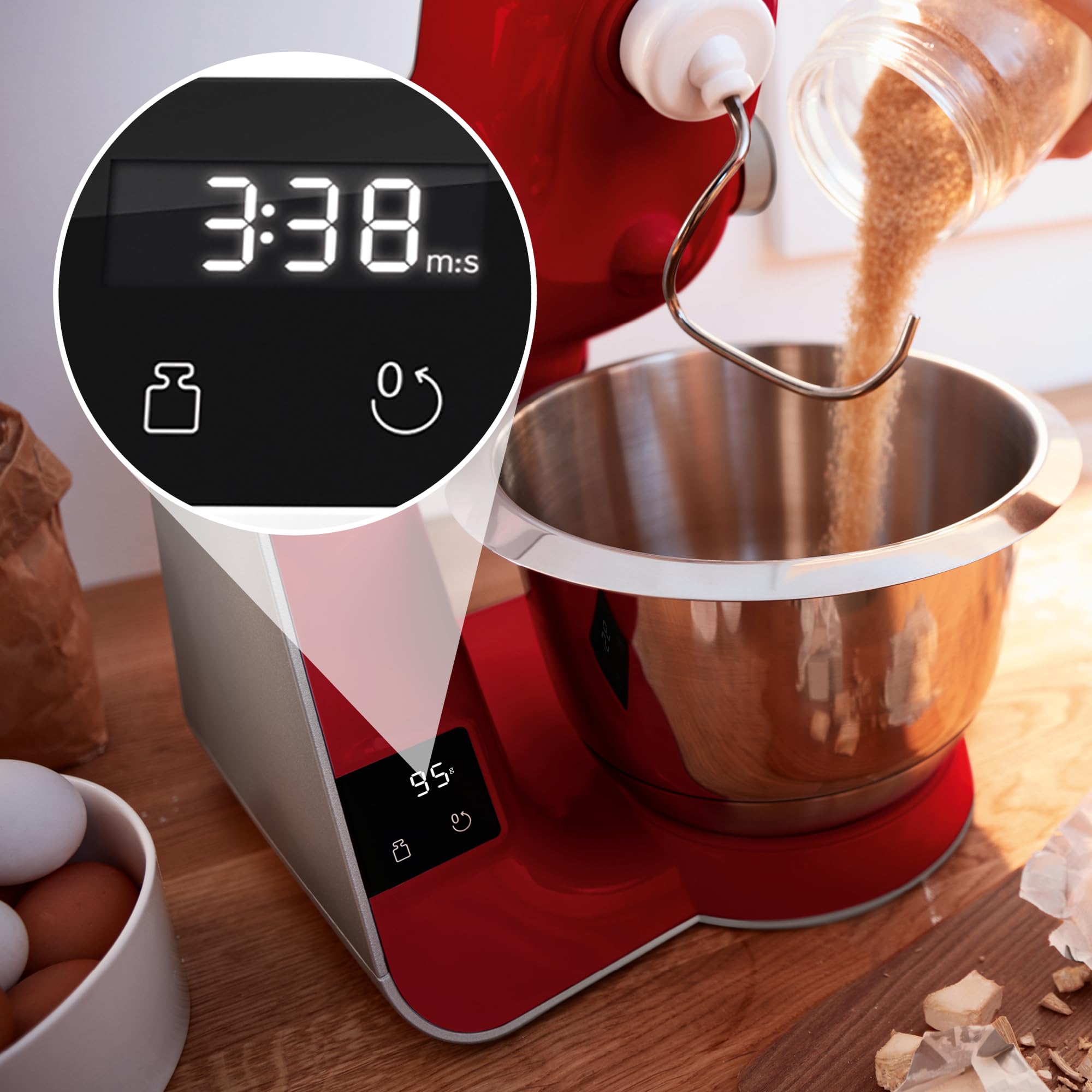Bosch, mikser stojący, MUM5, 1000 W, 7 ustawień prędkości, miska ze stali nierdzewnej 3,9 l, zestaw do ciast w zestawie, waga, timer, blender, ciągła szatkownica z czterema dyskami, czerwony, MUM5X720