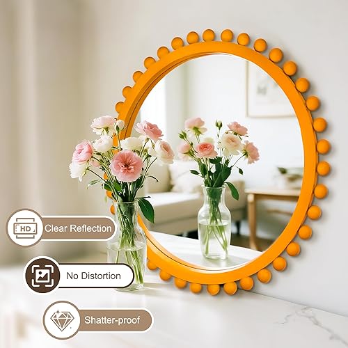 Miniatura 3 de Espejo redondo de madera con cuentas de madera, espejo de pared circular de 24 pulgadas para decoración de pared de sala de estar, baño, entrada,