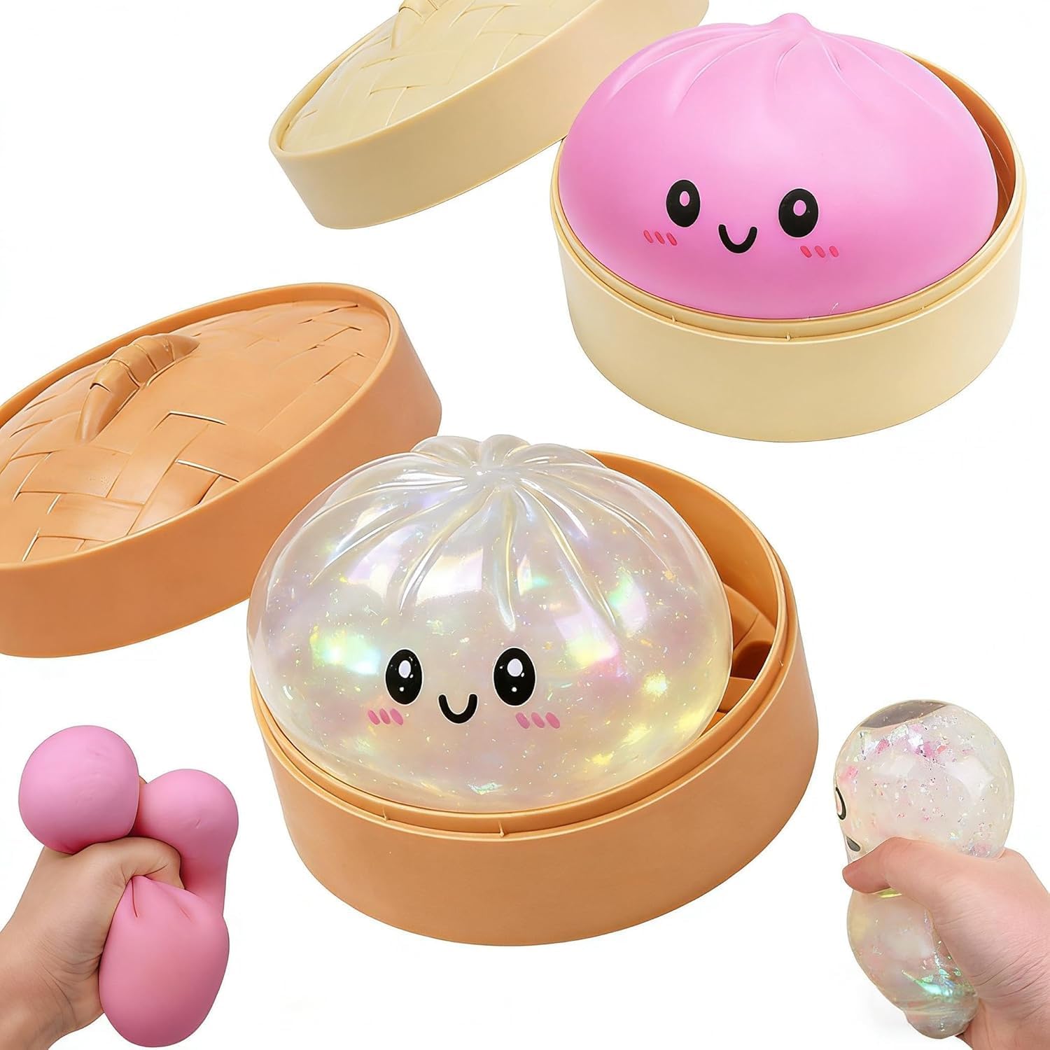Dumpling Squishies,Giant Glitter Dumpling Box,Colorful Sensory Toys Stress Relief Ball,Soft Squeeze Decompression Dough Gift for Adults (A-2PC)