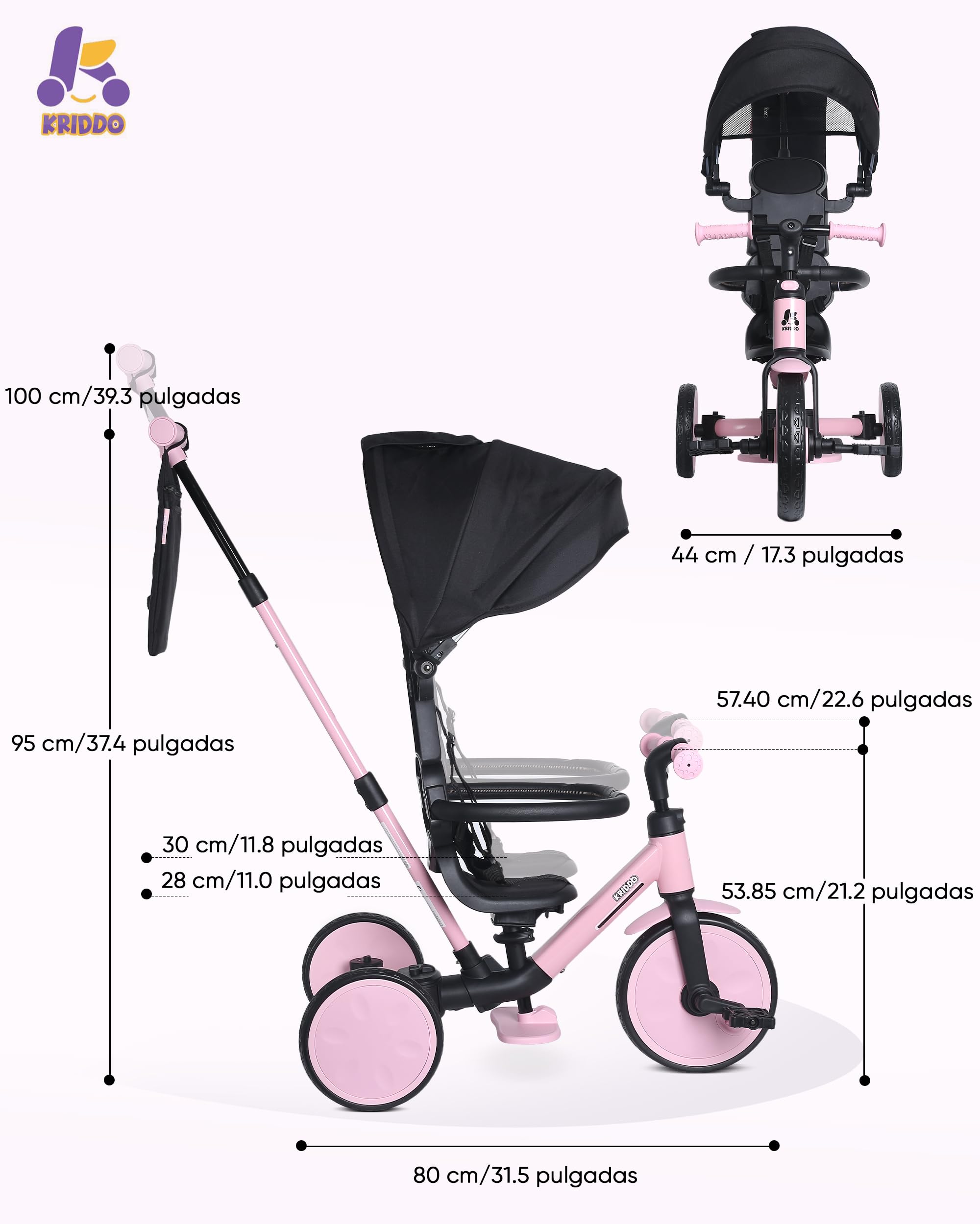 KRIDDO Triciclo Evolutivo 8 en 1 para Niños de 18 Meses a 5 Años, con Barra de Empuje, Triciclo y Bicicleta con o sin Pedales, Arnés de 5 Puntos Mejorado, Capota Plegable y Bolsa, Rosa