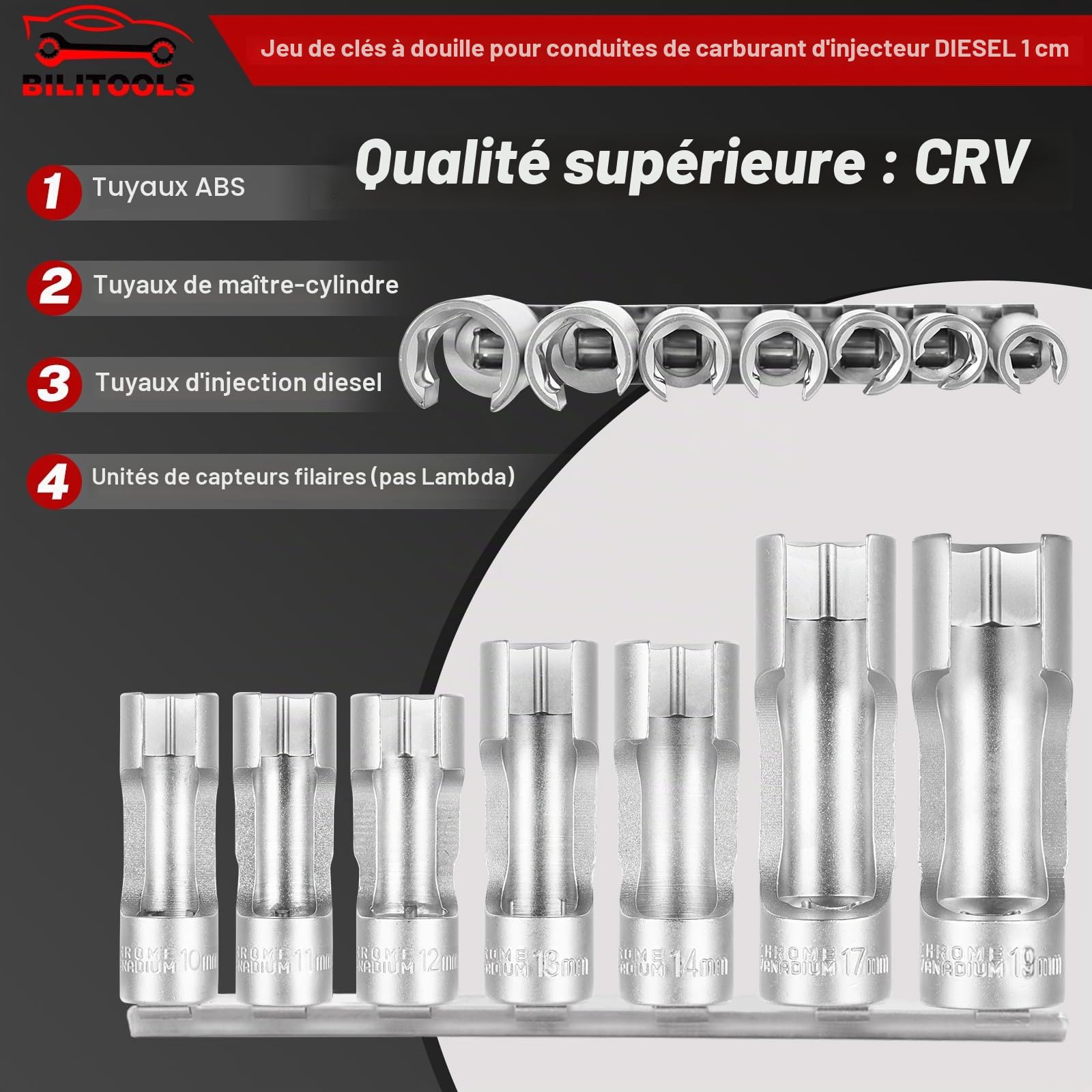 BILITOOLS Douille injecteur fendue 3/8 10-19 mm conduite injection | 7 douilles fendues 10-19 mm pour conduite injection, sonde température FAP et raccords diesel en accès étroit