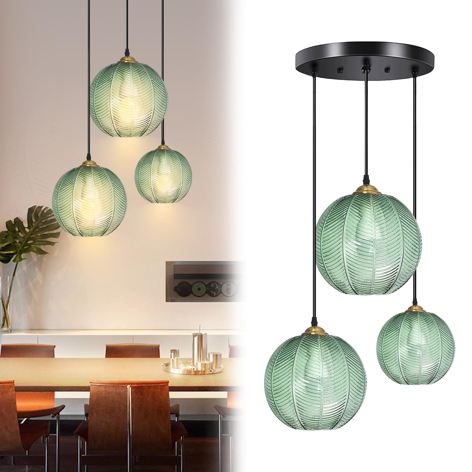 Pendelleuchte Esstisch 3-Flammig, Modern Hängeleuchte Höhenverstellbar Hängelampe Glas Grün, E27 Esstischlampe Hängend für Wohnzimmer Küche Schlafzimmer Flur