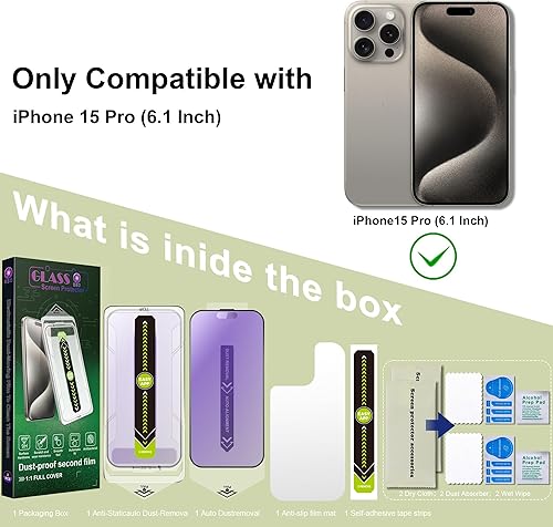 Miniatura 7 de Paquete de 2 protectores de pantalla mate antiluz azul para iPhone 15 Pro (6.1 pulgadas), vidrio templado 9H, antirreflejos, cobertura completa,