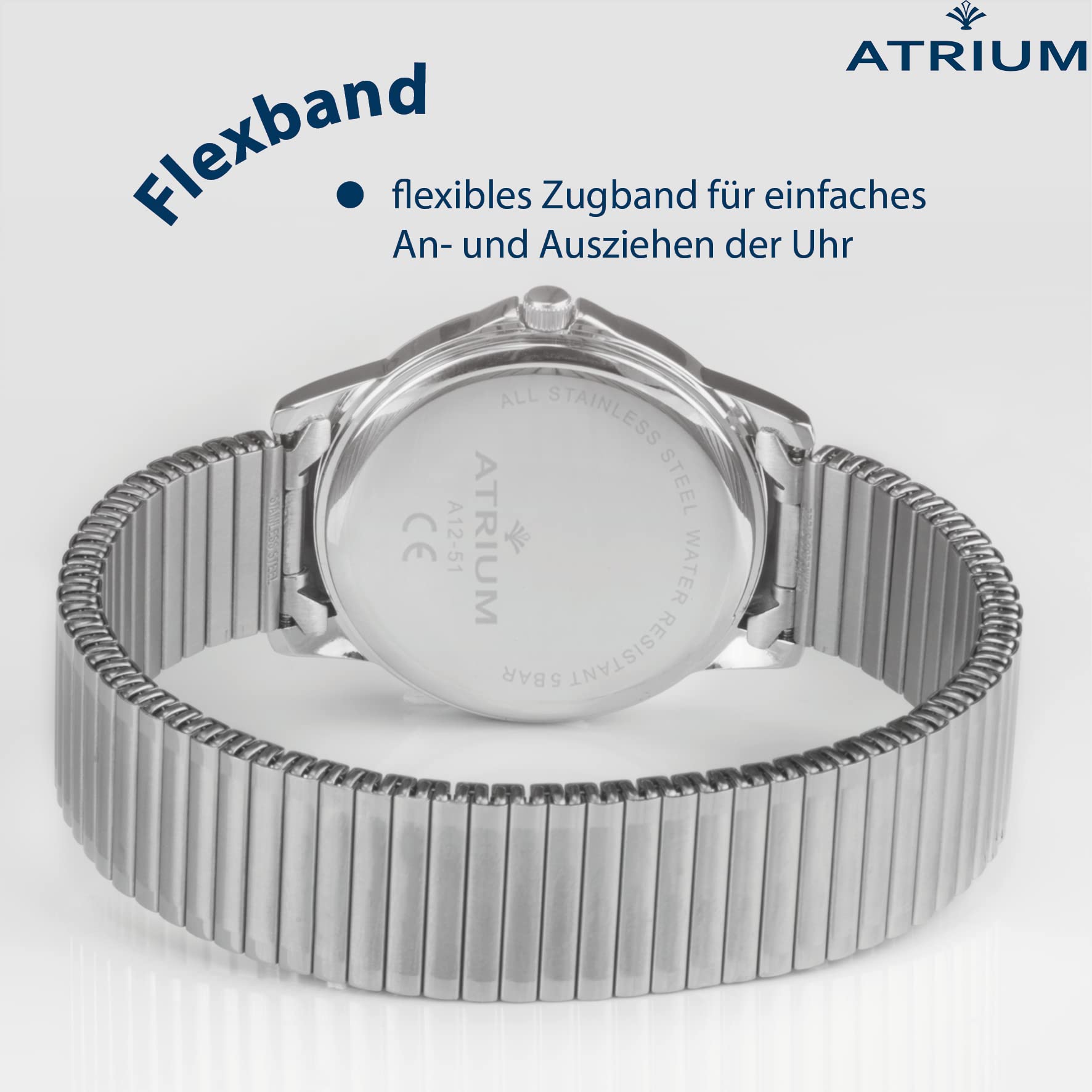 Atrium Herren Armbanduhr Edelstahl Analog Quarz mit Datum Anzeige und Edelstahl Zugband Flexband Silberfarben A12-51