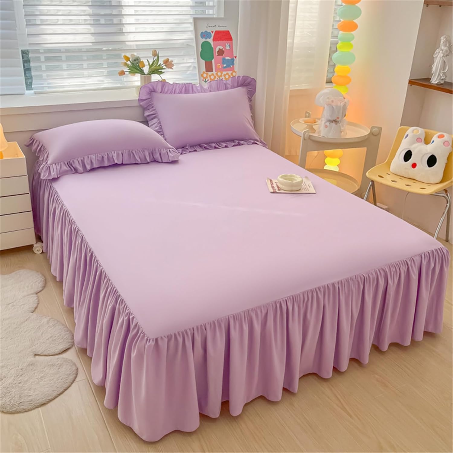 Jupe de lit matelassée violette unie 140x200 cm cache-sommier à volants