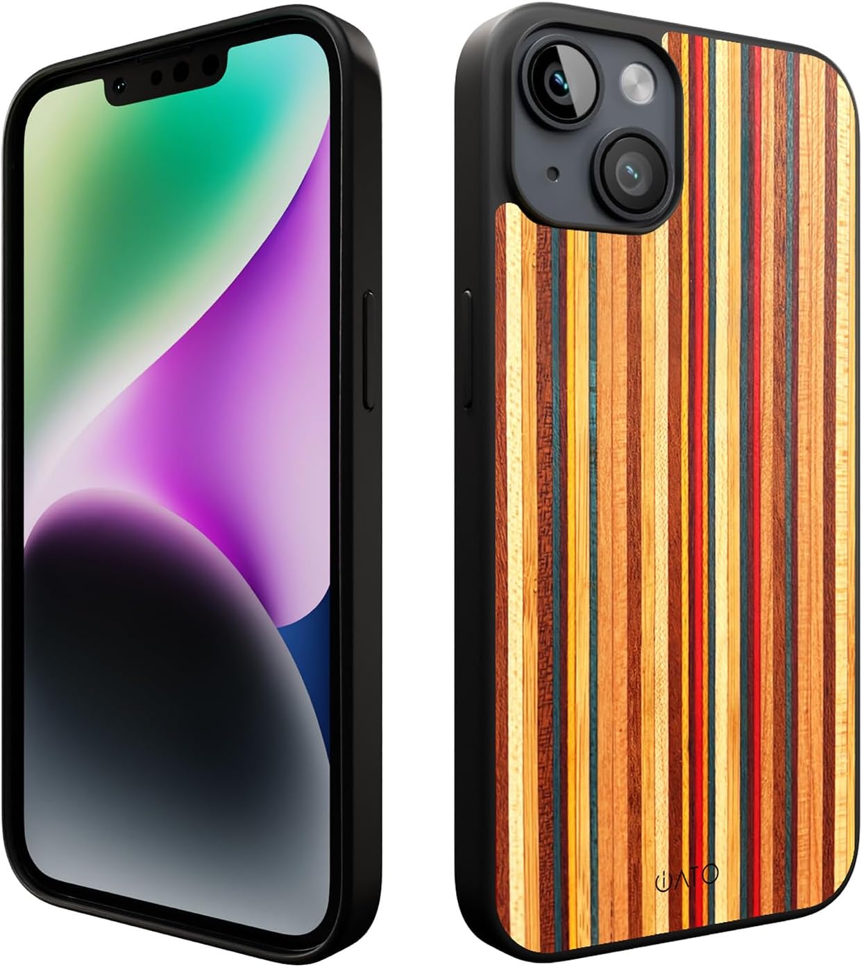 iATO iPhone 14 Magnetic Wood Case. Unique & Classy Shockproof Protective Cover. Compatible with MagSafe Magnetic Charging. Real Wooden Overlay on Soft Black TPU - Multicolor Skateboard Real Skateboard Wood - 14 For iPhone 14 (6.1")