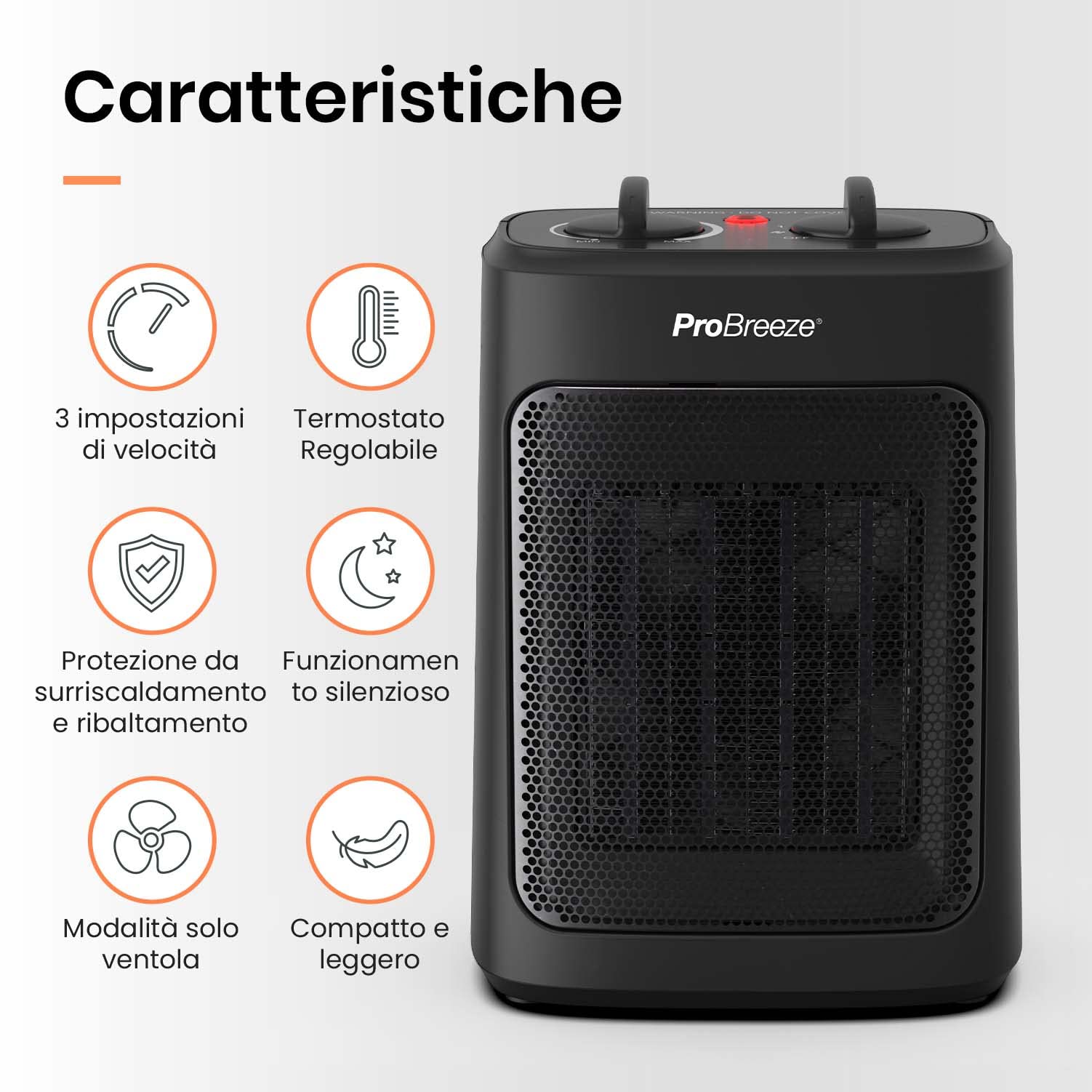 Pro Breeze Stufetta Elettrica Basso Consumo 2000W in Ceramica - 3 modalità, ventilazione, protezione surriscaldamento/ribaltamento. Compatta e sicura per casa, ufficio, bagno. Termoventilatore