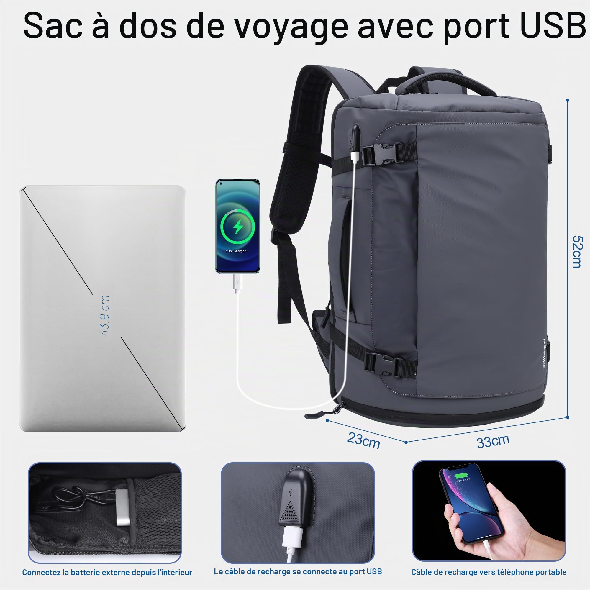 HOMIEE Sac à Dos de Voyage 40L, Sac à Dos Résistant à L'Eau pour Ordinateur Portable 15,6-17,3", Sac à Dos Cabine Bagages à Main, Sac à Dos de Voyage Avec Compartiment à Chaussures