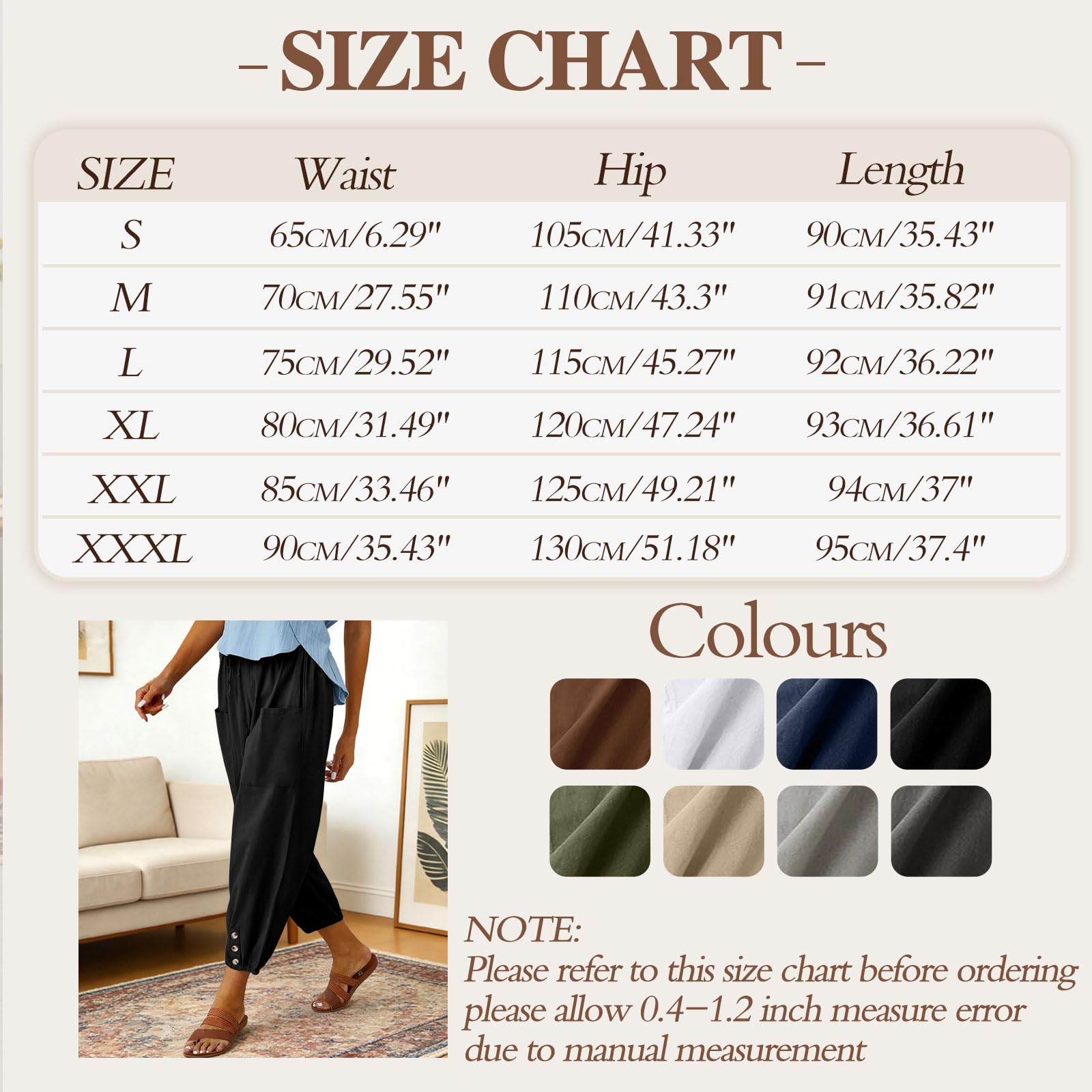 Pantalon Femme Été Léger Pantacourt 7/8 Longueur Coton Taille Elastique Fluide Pantalon de Plage Ample Décontracté