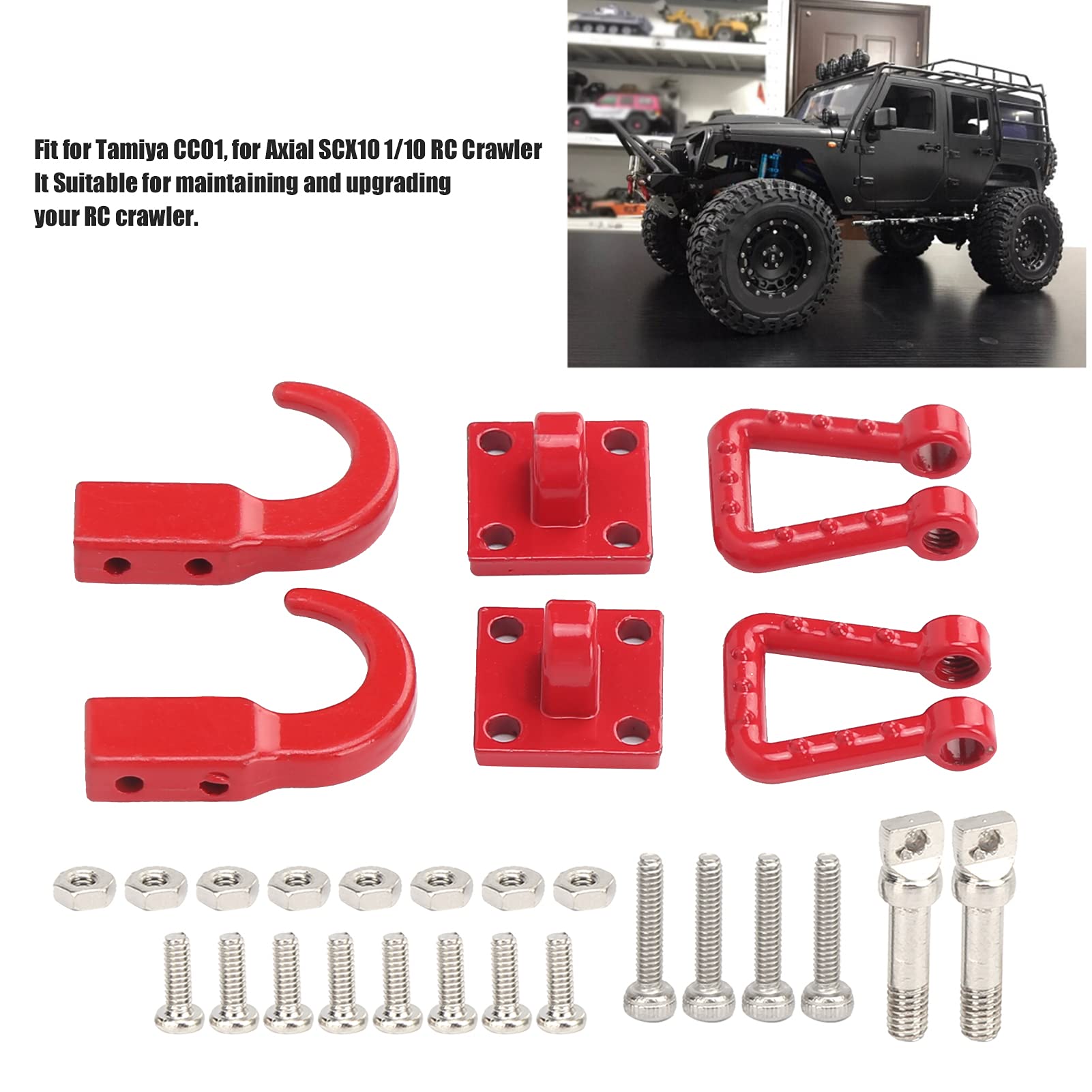 equlup RC Car Trailer, 2PCS Metal Towing Buckle Tow Hooks D Shackles CC01 1/10 RC Crawler Upgrade Parts for Climbing Crawler Car (Red)