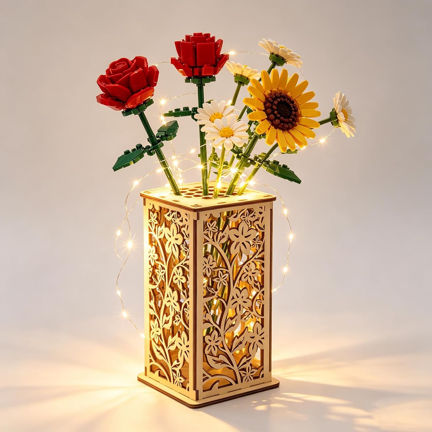 Puzzle Assembly Wooden Vase for Lego Flowers, 21 Holes LED Light Strip DIY Hollow Floral Display Stand for Dried/Fresh Small Tube Flowers, Handicraft Gift for Adult Teens