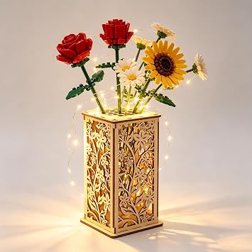 Puzzle Assembly Wooden Vase for Lego Flowers, 21 Holes LED Light Strip DIY Hollow Floral Display Stand for Dried/Fresh Small Tube Flowers, Handicraft Gift for Adult Teens