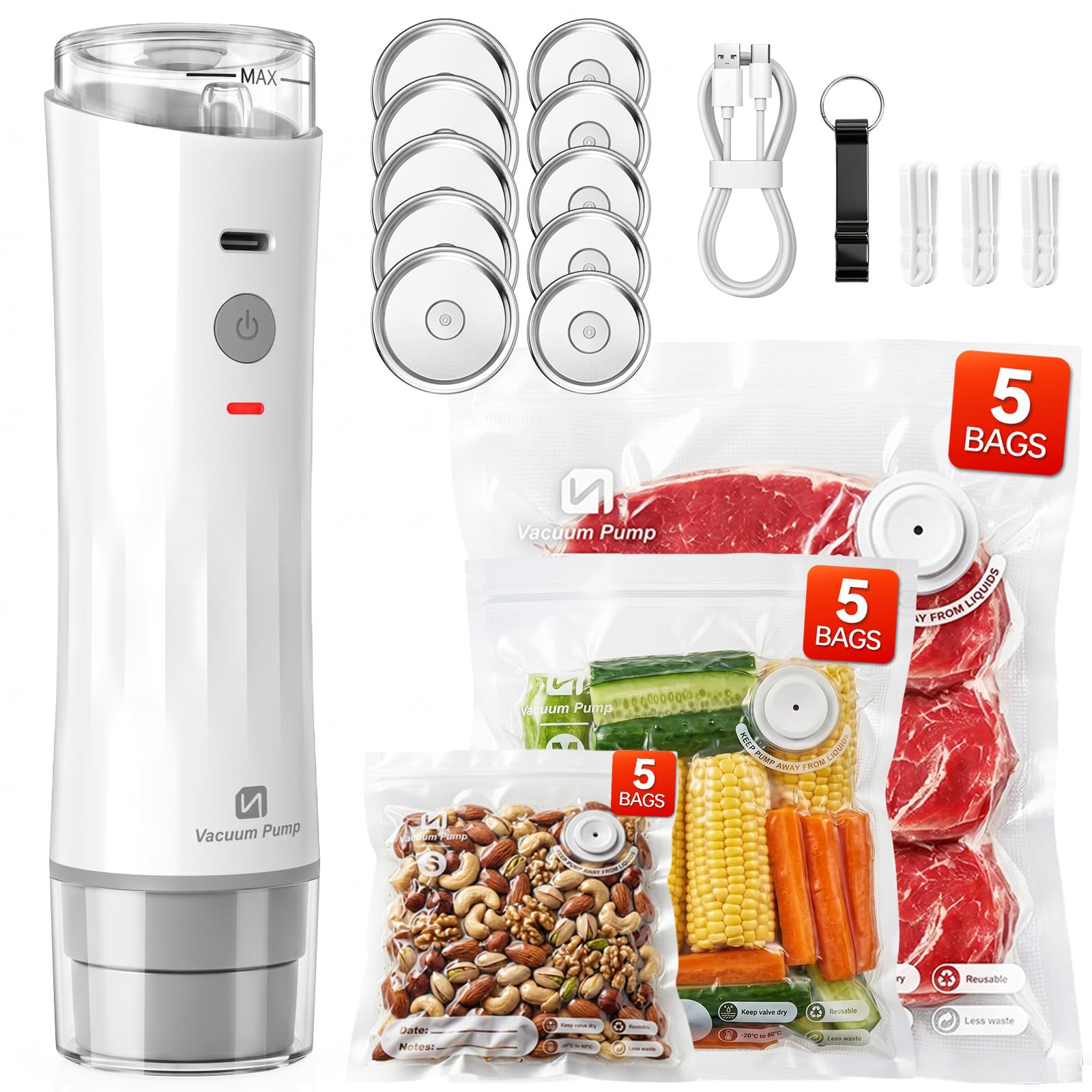 Mini Handliche Vakuumiergerät Tragbarer Vacuum Sealer mit einem sichtbaren Wassertank ausgestattet und wird mit 15 wiederverwendbaren Vakuumbeuteln und 10 Einmachglasdeckeln für Küche Reisen