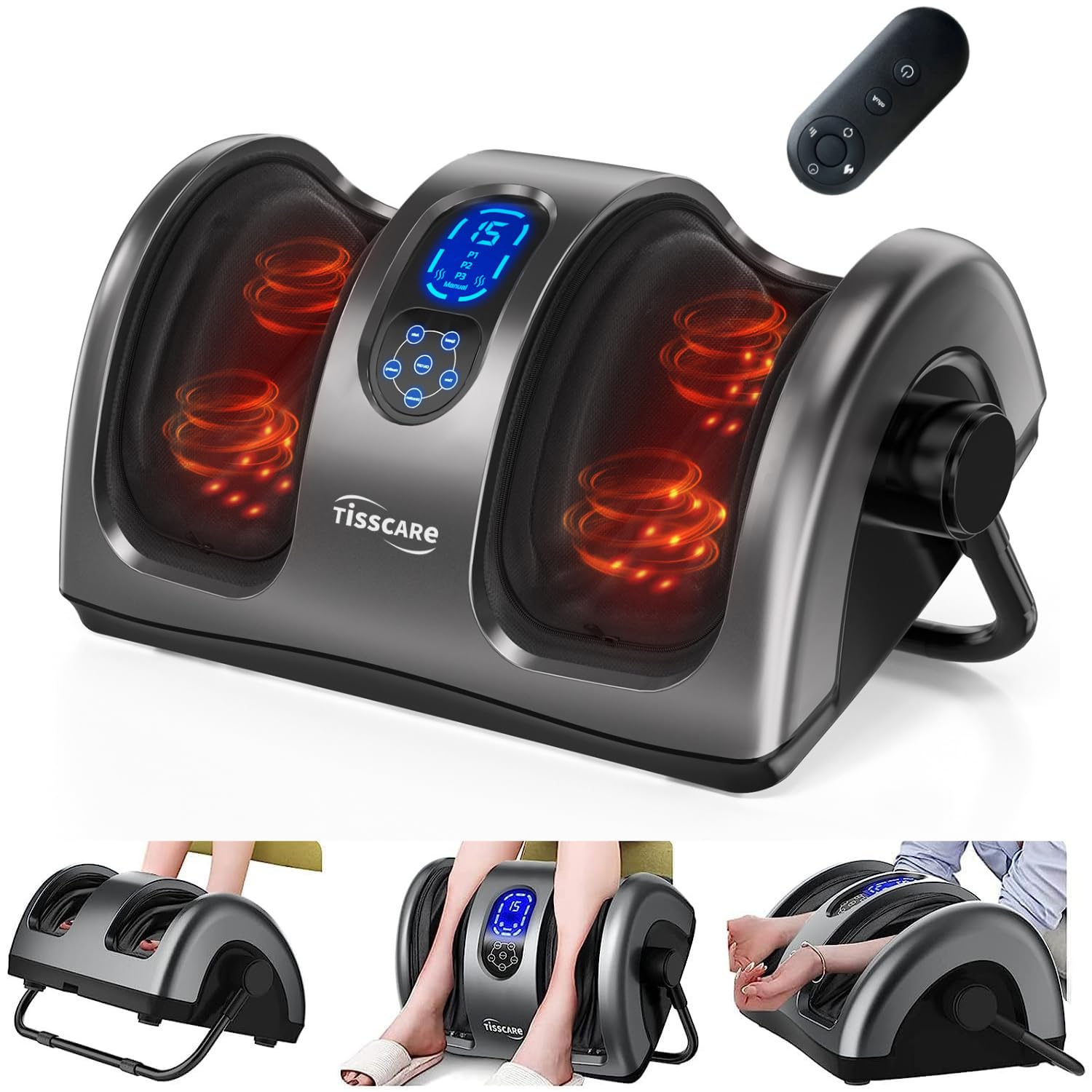 TISSCARE Masajeador de Pies Shiatsu con Calor, Masajeador Eléctrico para Piernas y Pantorrillas con Amasamiento, Rodillos, Presión, Asa Ajustable 360°, Alivio del Dolor, Regalo Hombres Mujeres