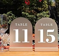 Vista 18 de Números de mesa de boda del 1 al 25, letreros de arco acrílico con soportes de madera natural, decoración de mesa rústica para recepción y fiestas