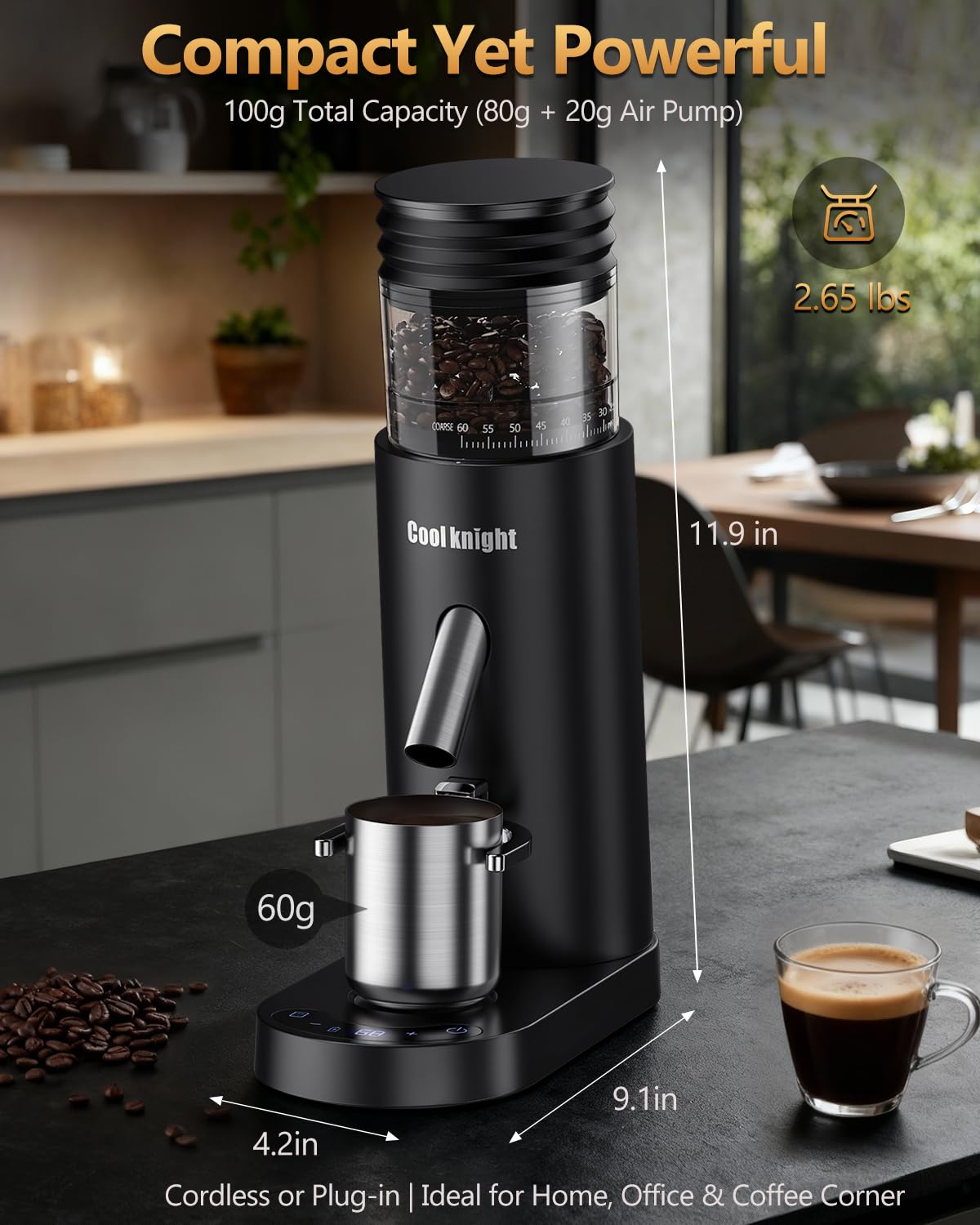 COOL KNIGHT Molinillo de café cónico recargable, 60 ajustes de molienda y temporizador de 5 a 98 niveles, molinillo de espresso con tolva de fuelle y soporte para portafiltro, fácil de limpiar