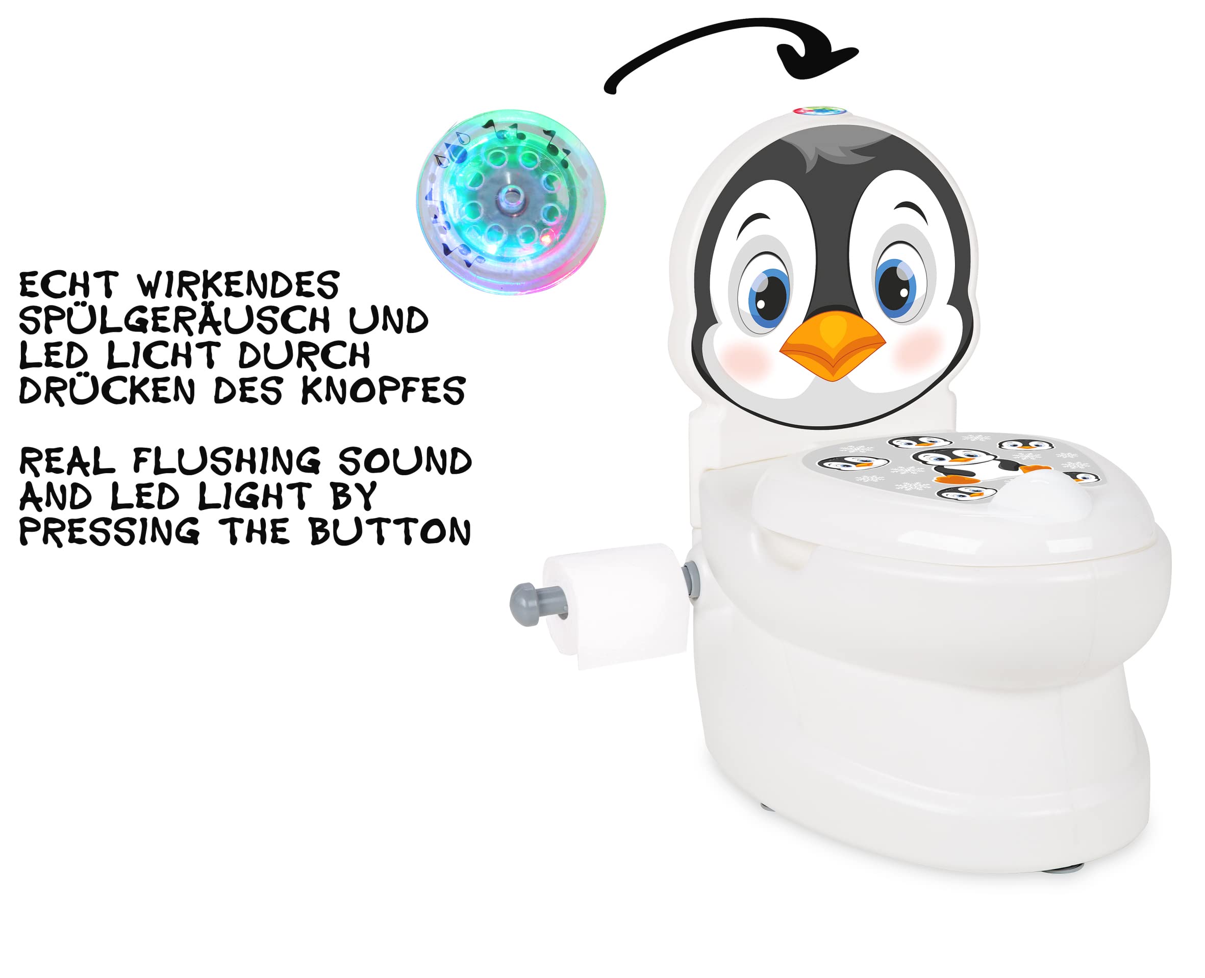 JAMARA Il mio Piccolo WC Pinguino con Suono e Porta Carta igienica - vasino, Facile da Pulire, Bordi arrotondati, Bottoni a Ventosa per Una buona Presa