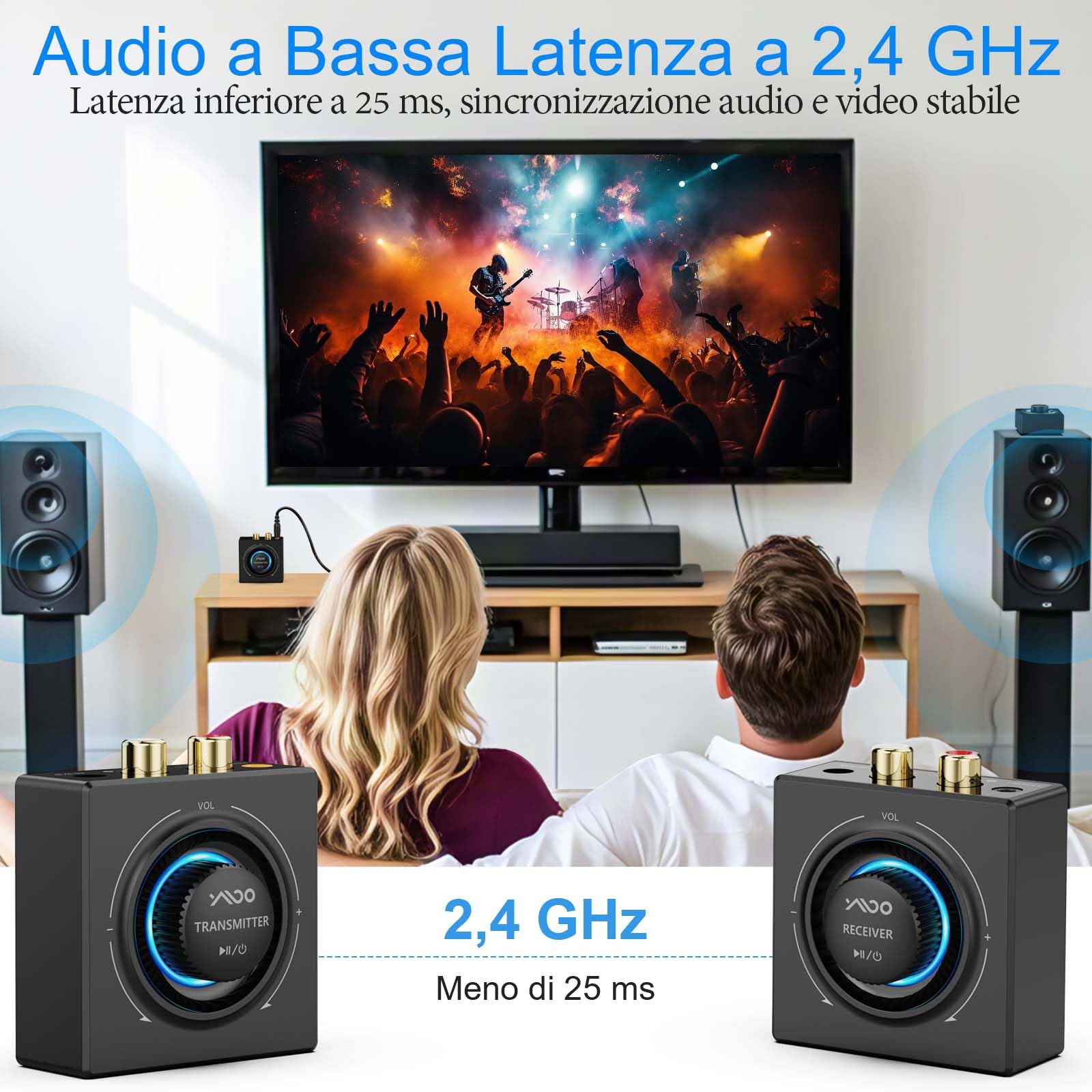 YMOO Wireless Trasmettitore Ricevitore Audio per TV, 200ft Hungo Raggio,Bassa Latenza，2.4GHZ Audio Adattatore Kit per Altoparlante/Stereo/PC