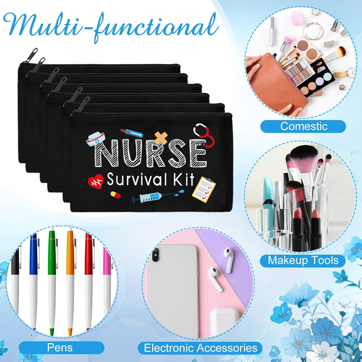 Abbylike 50 Pieces Nurse Gift Bag Survival Kit Makeup Bags Canvas Multi Purpose Zipper Pouch Funny Travel Bag for Birthday Nurse Week Practitioner Gifts for Women, 7.09 x 4.33 Inch (Black)