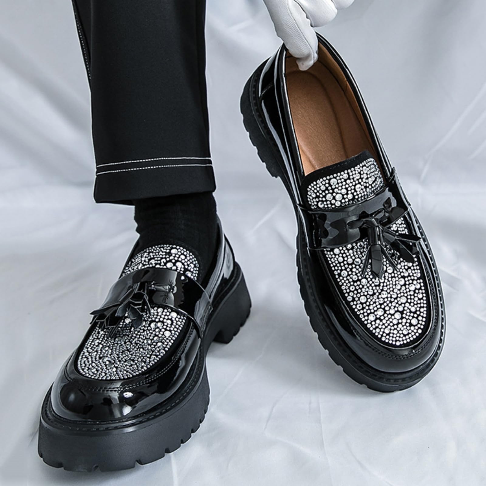 Mocasines Plataforma Piel Charol Hombre Zapatos Vestir Sin Cordones | Borla Brillante Con Purpurina, Puntera Redonda Y Ancha, Zapatos Formal Business Casual, Para Bodas Oficina
