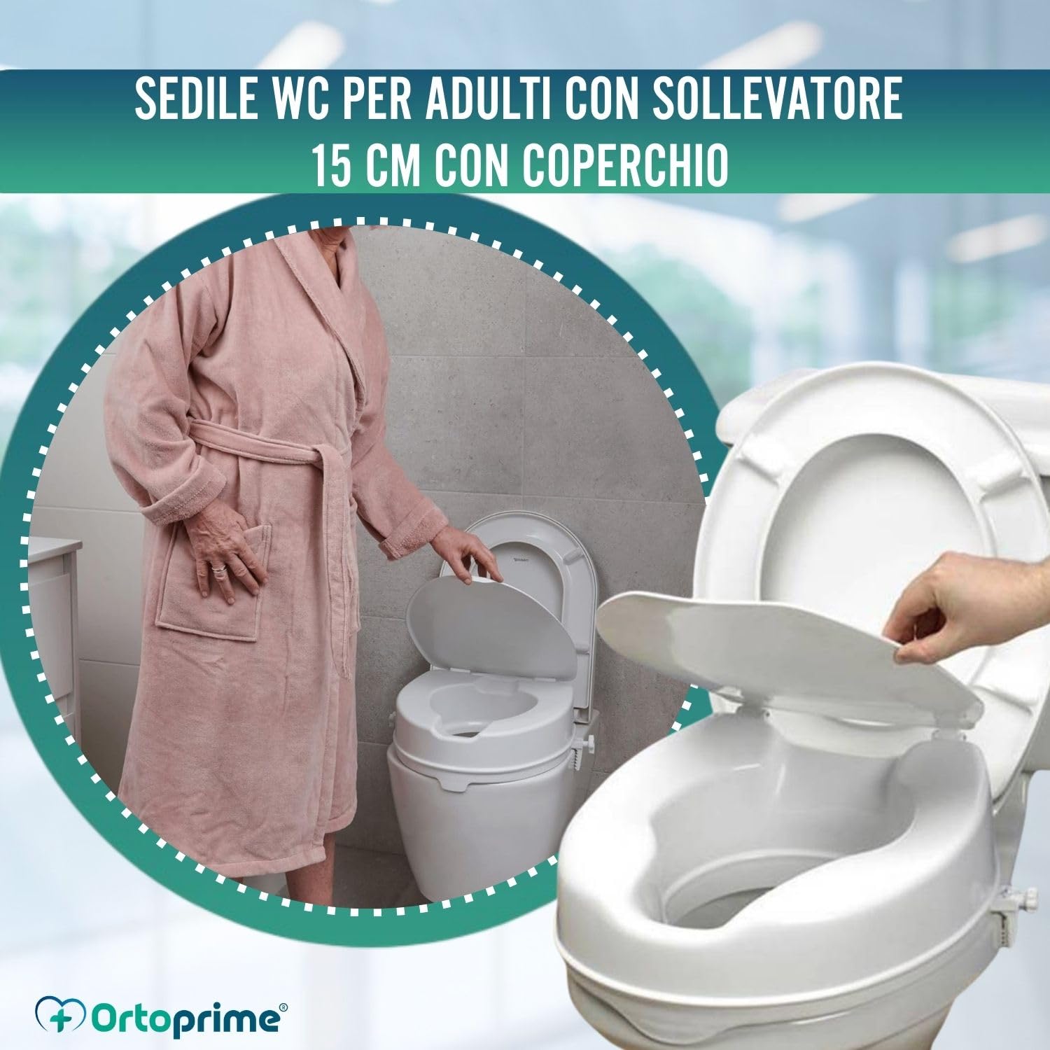 OrtoPrime Rialzo per WC 15 cm con Coperchio – Alzawater per Anziani e Disabili – Rialzo WC per Disabili Universale – Sedile WC Rialzato per Disabili e Anziani – Ausili per Anziani Ergonomico