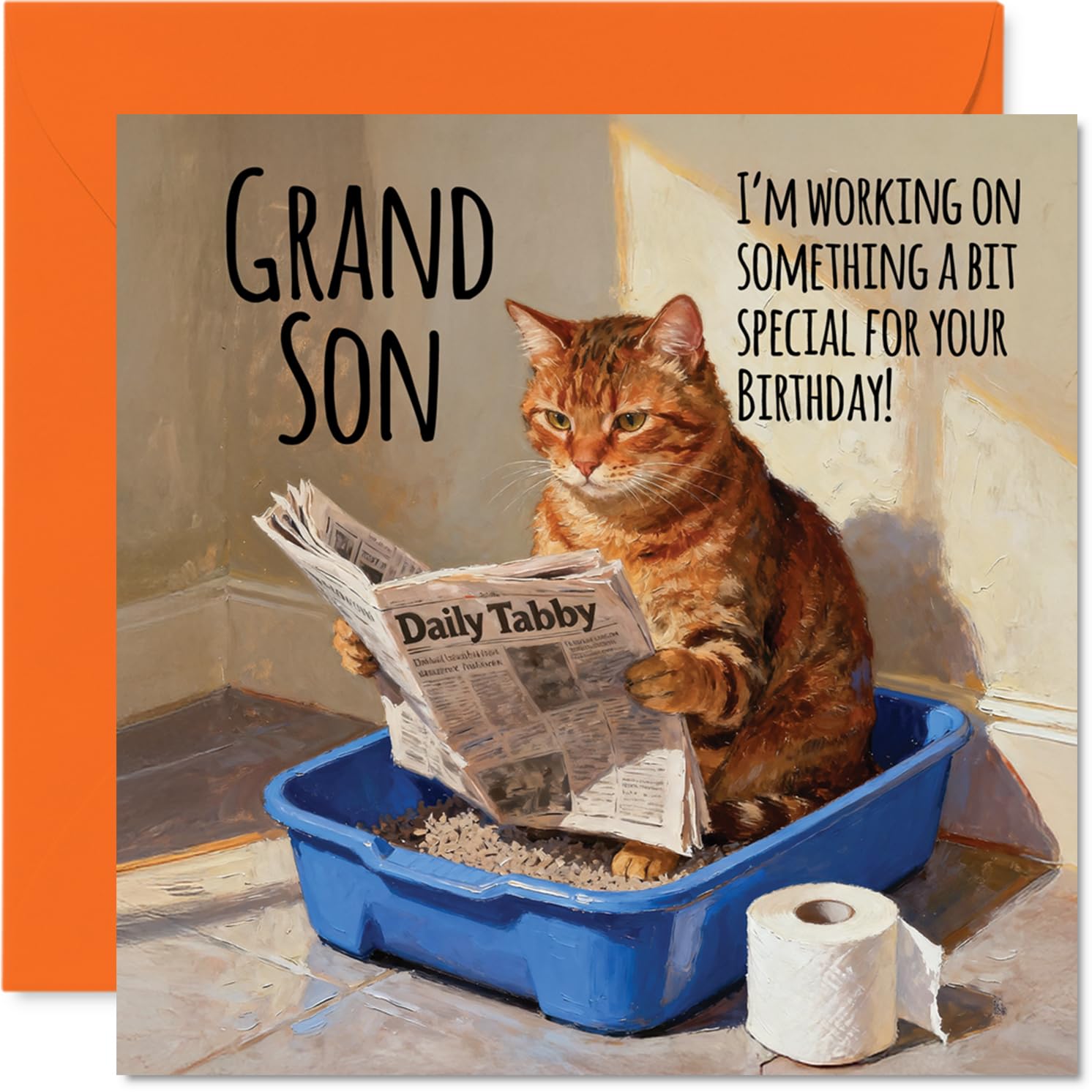 Grandson Birthday Card - Working on Something Special - Happy Birthday Card for Grandson from Grandad Nanny, 145mm Funny Cat Litter Tray Humour Bday Greeting Cards