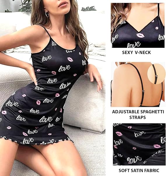 Satin silk Nightgown Sleepwear Sexy Babydoll Lingerie Mini Slip Chemise Dress (WS402-P)