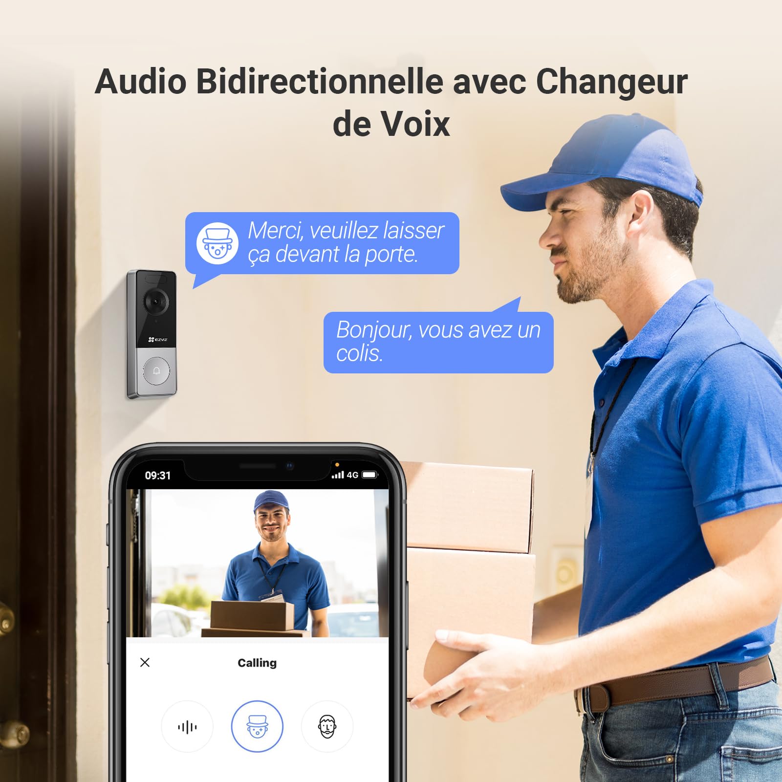 EZVIZ Sonnette sans Fil Exterieur Etanche Caméra 3K 5MP, Batterie 9,600 mAh, Vision Nocturne Couleur, Détection Humaine, Audio Bidirectionnel, WiFi 6 CP8