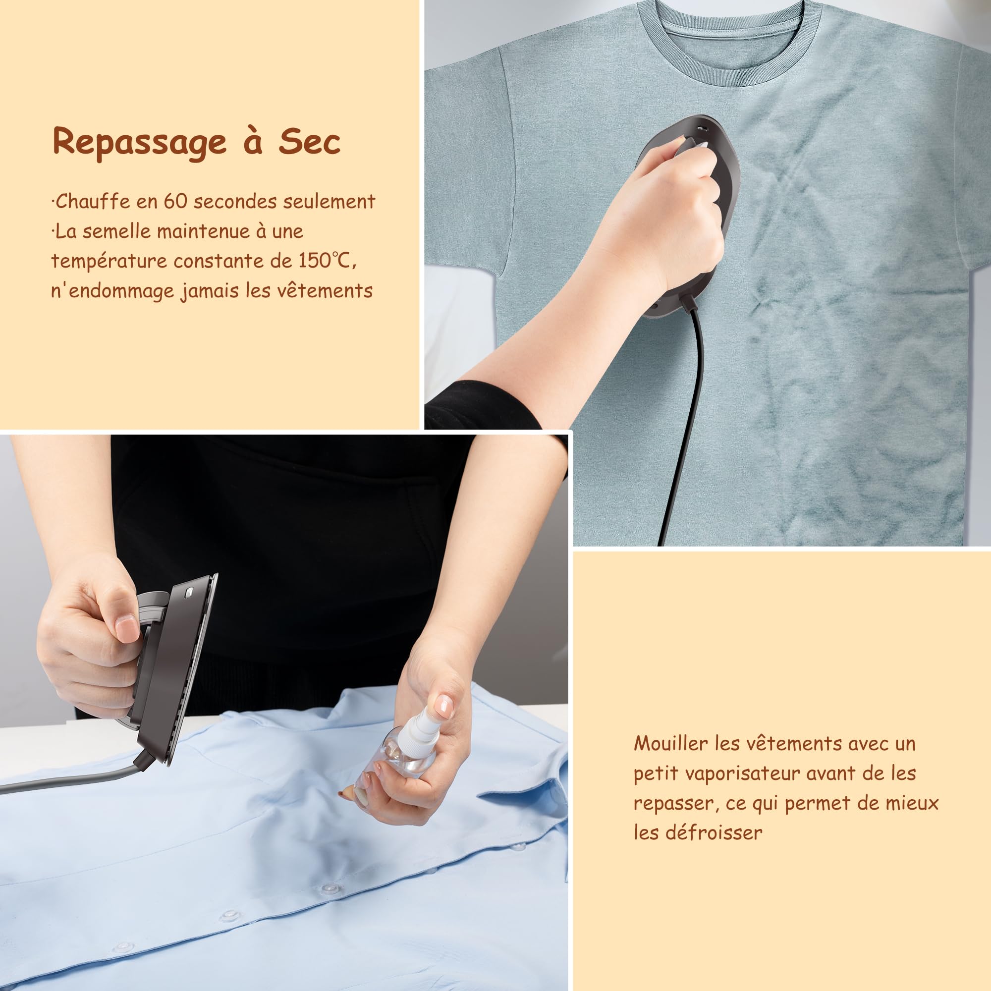 Newbealer Mini Fer à Repasser de Voyage Portable Léger Compact pour Vacances Couture avec Sac de Rangement, Tension Universelle pour Utilisation Globale, Chauffe Vite sans Vapeur, Marron