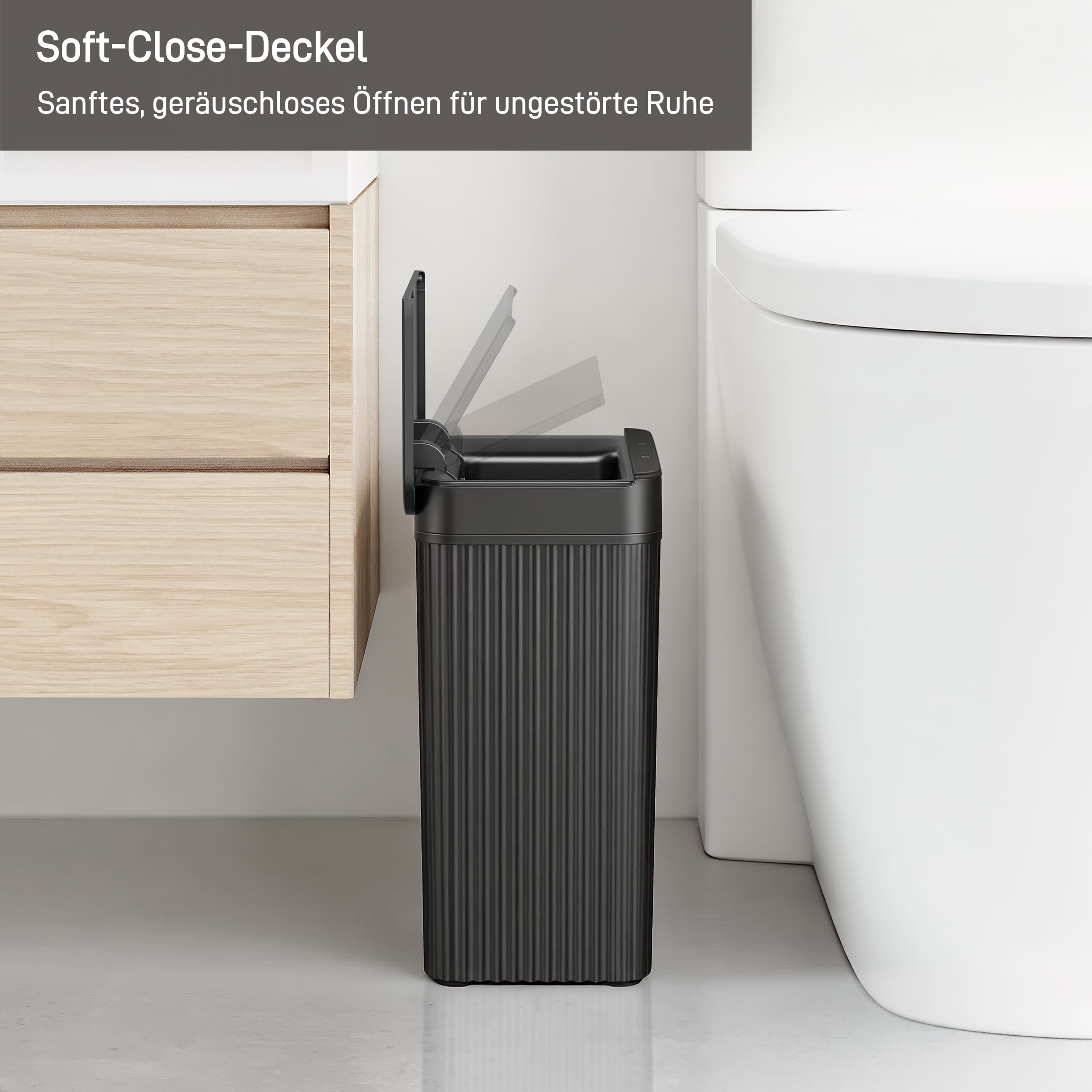 EKO Badezimmer Mülleimer mit Sensor, Schlanker Sensor Abfalleimer, Wasserdichter, Soft Close, Bewegungssensor-Kosmetikeimer für Bad, Büro und Küche, Carbon-Schwarz, 10L, Hochwertiger Kunststoff