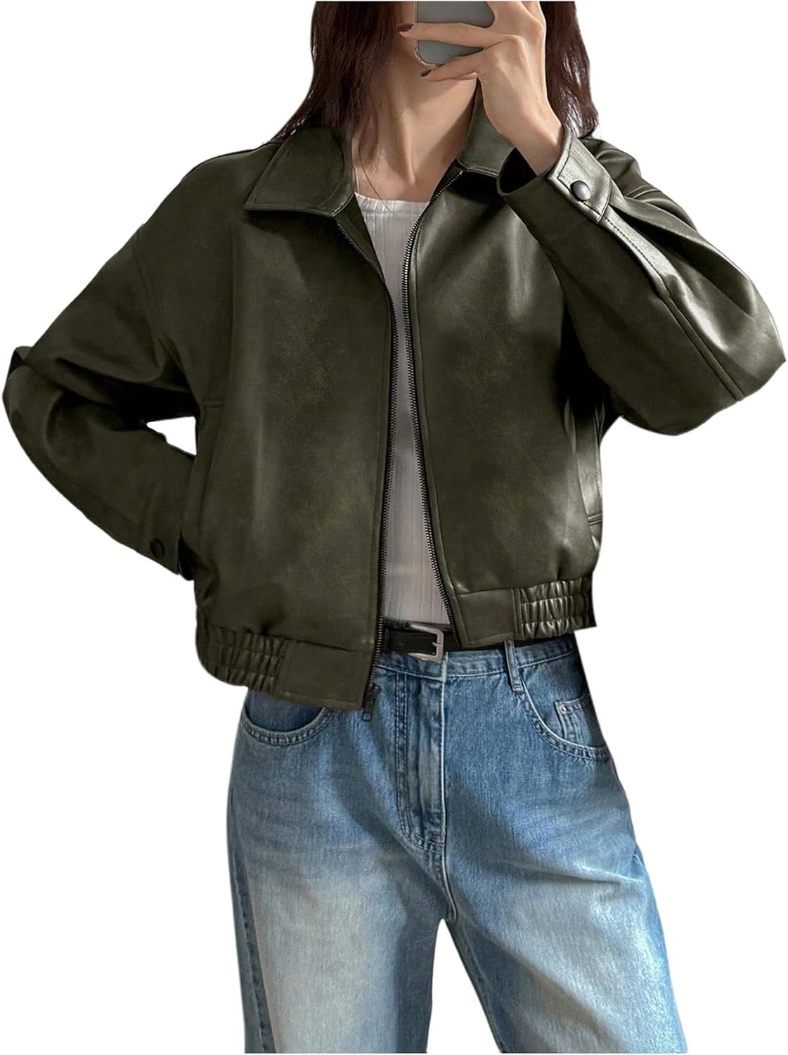 Women's Y2K Faux Leather Jacket Zip Up Crop Bomber Jacket Going Out Motor Bike Motorcycle Coat Streetwear with Pocket