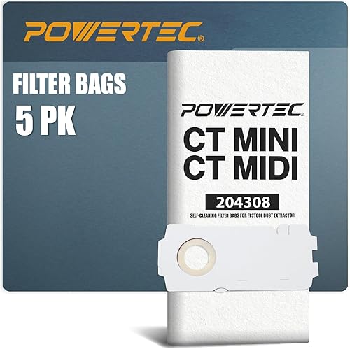 POWERTEC 75048 - Bolsas de filtro de forro polar para Festool 498411 para CT Midi, 5 unidades