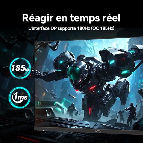 KTC Ecran PC Gamer 24 Pouces, 2K@180Hz /165Hz / 144Hz (2560 x 1440p) QHD Ecran Gaming avec Fast-IPS Panel, 1ms, HDR 400, Adaptive Sync, 400 CD/m², Supports réglables pour pivoter et soulever - 2
