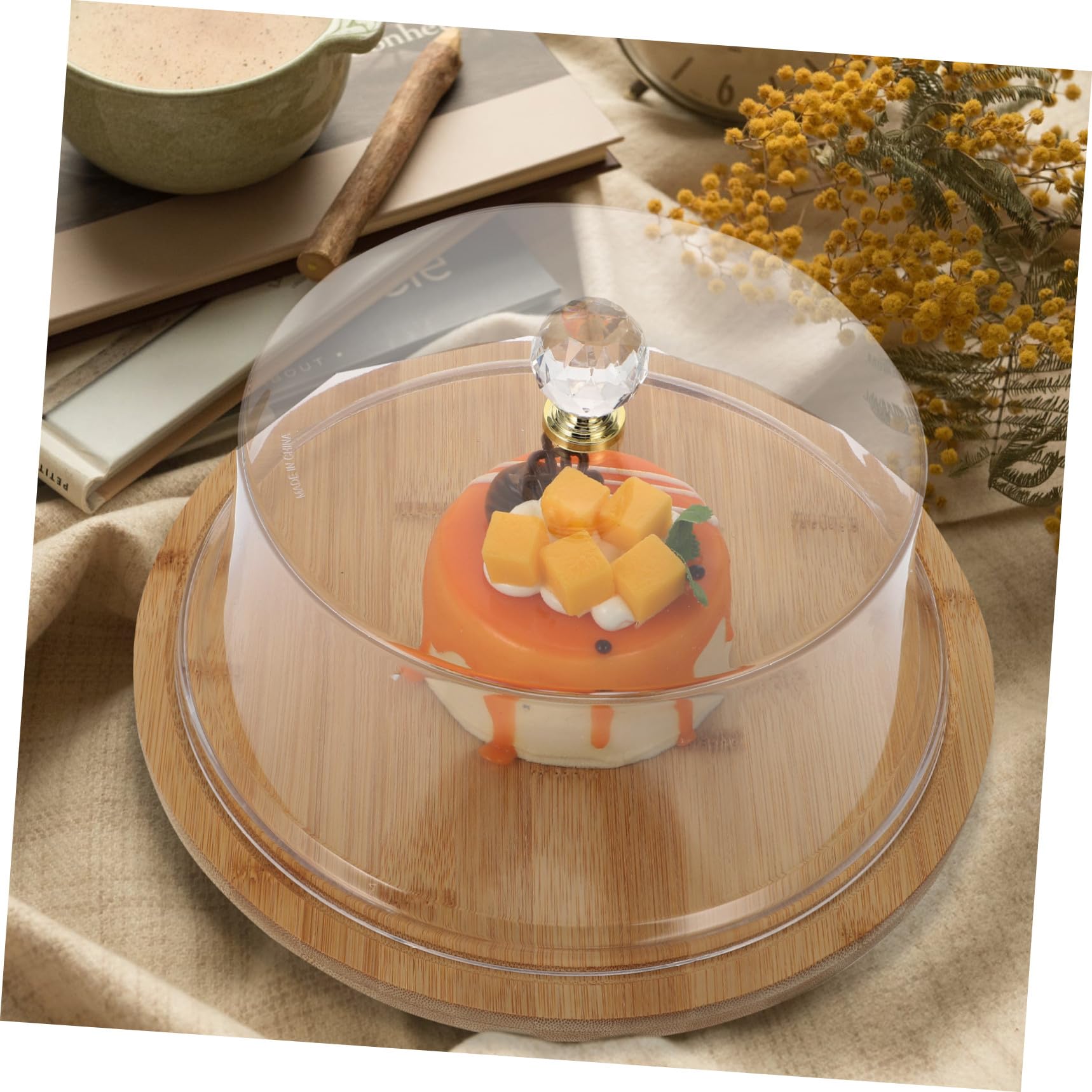 Healeved Cubierta de Pastel Tapa Acrílica Transparente y Base de Bambú, Cobertura para Alimentos, Plato para Servir Postres y Suministros de Cocina, Adecuado para Hogar y Eventos