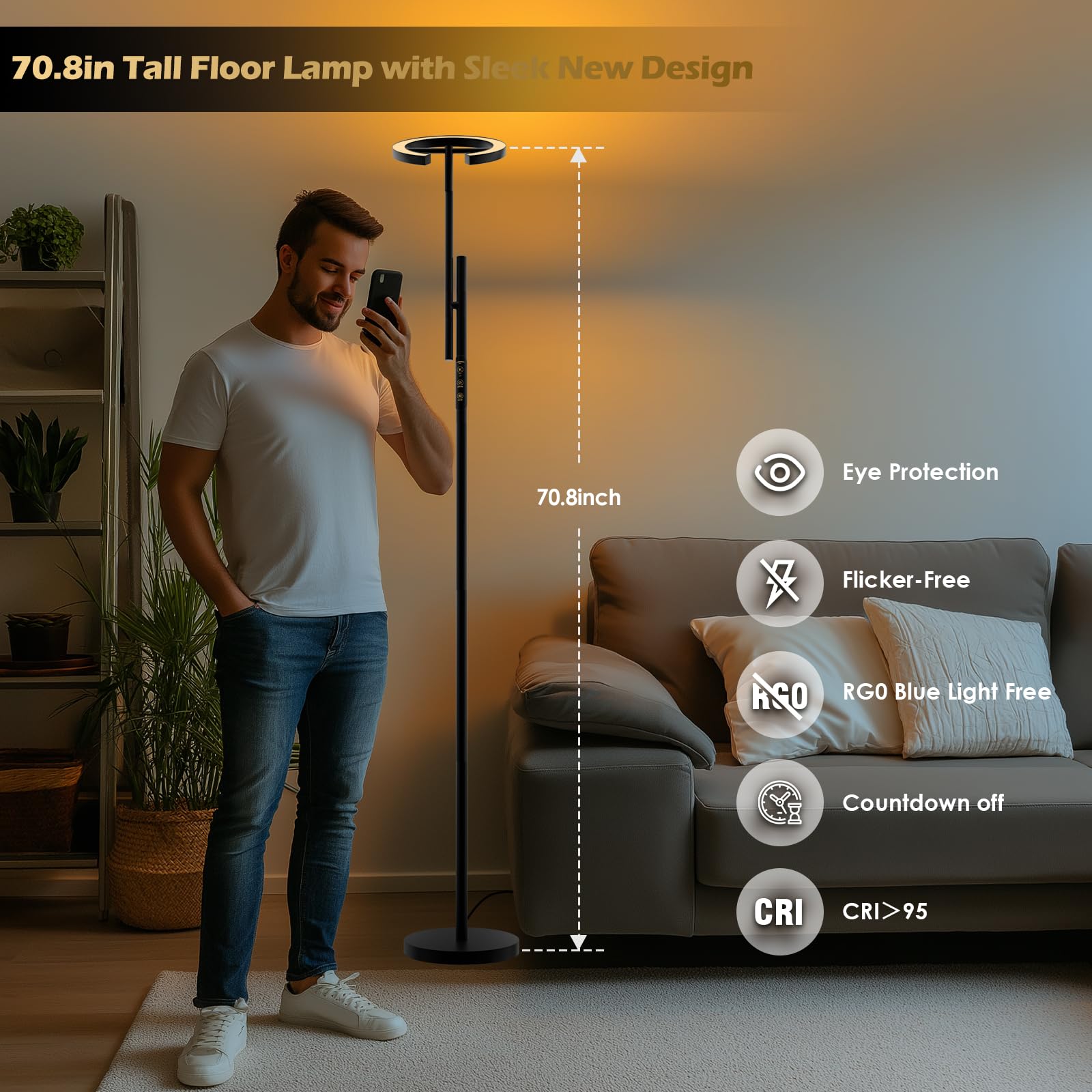10000 Lux Light Therapy Lamp, LED UV-Free Sunlight Lamp, Smart Floor Lamp with Remote & App Control, Stepless Adjustable Brightness & Color Temps, Happy Lamp Light Therapy, Full Spectrum Sun Lamp: Standard (H1B)