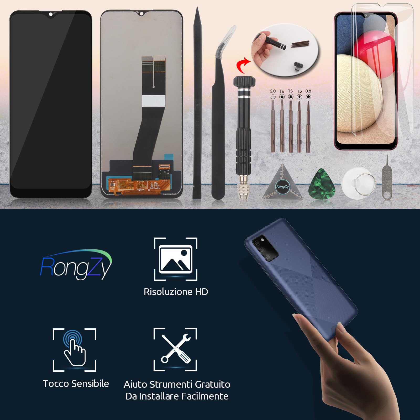 RongZy Schermo per Samsung Galaxy A02s A025G A025U A025A A025V/M02s LCD Display Touch Screen Digitizer Parti di Ricambio di Riparazione con Strumenti(163mm,Nero)