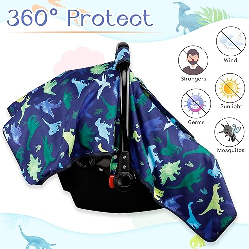 Miniatura 6 de Funda para asiento de automóvil y soporte para la cabeza para niños, toldo de dinosaurio azul para asiento de automóvil recién nacido con ventanas