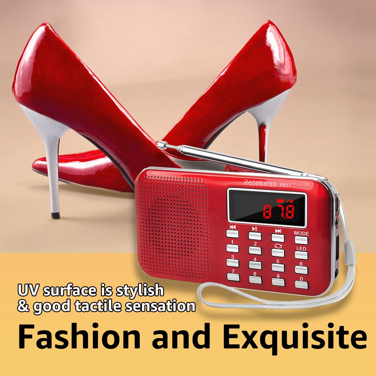 Retekess PR11 Mini Radio Portatile, Radio FM AM, con Altoparlanti, Display LCD, Batteria Ricaricabile, Radiolina Tascabile Supporta unità USB, Scheda TF, AUX (Rosso)