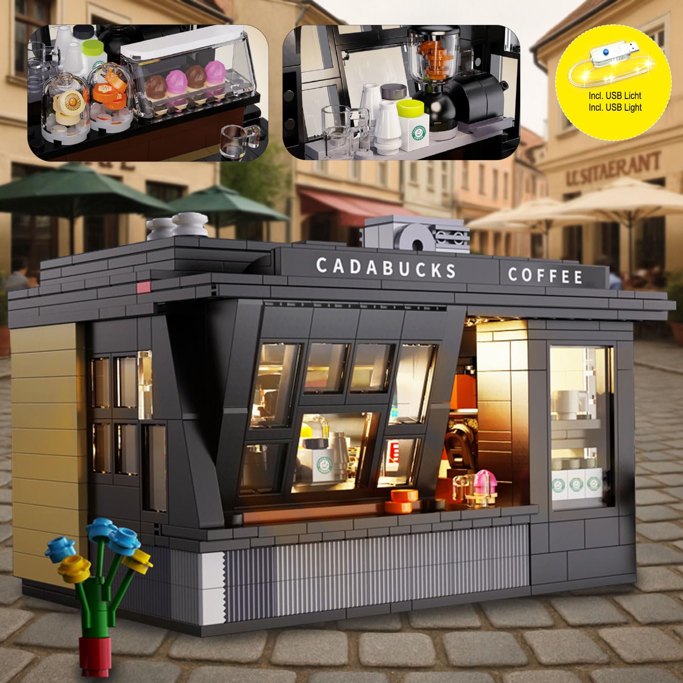 JAMARA 402884 CADA Coffee House Bricks – dai 14 anni in su, tecnica per ragazzi e ragazze, idea regalo, set di mattoncini a morsetto, kit con luce LED, design curato nei dettagli