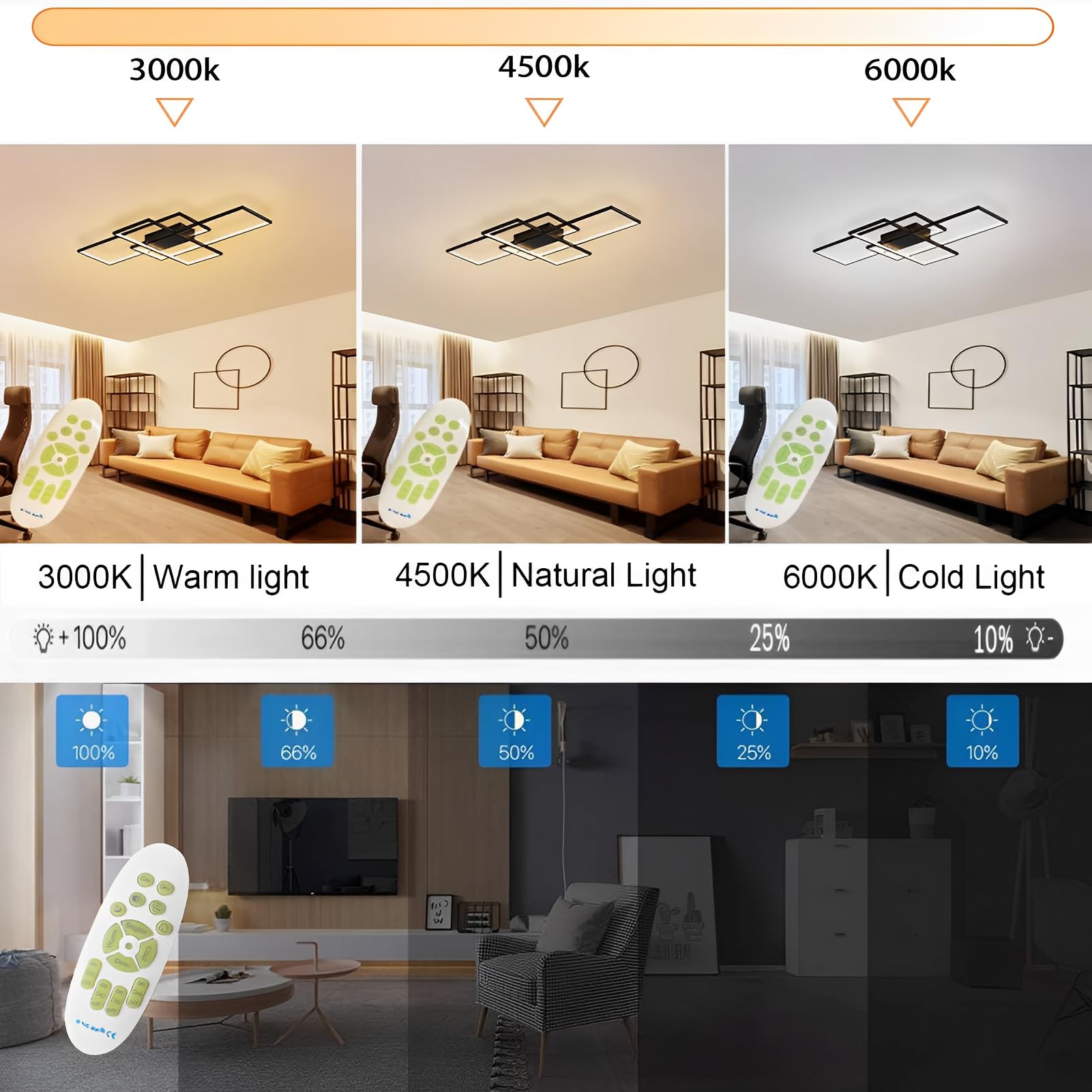 Modern Design LED Deckenleuchte Dimmbar 65W Rechteckige Deckenleuchte, 3000K-6000K Wohnzimmer Deckenlampe Schwarz Mit Fernbedienung, Für Schlafzimmer Wohnzimmer Küche Schmücken(80cm)
