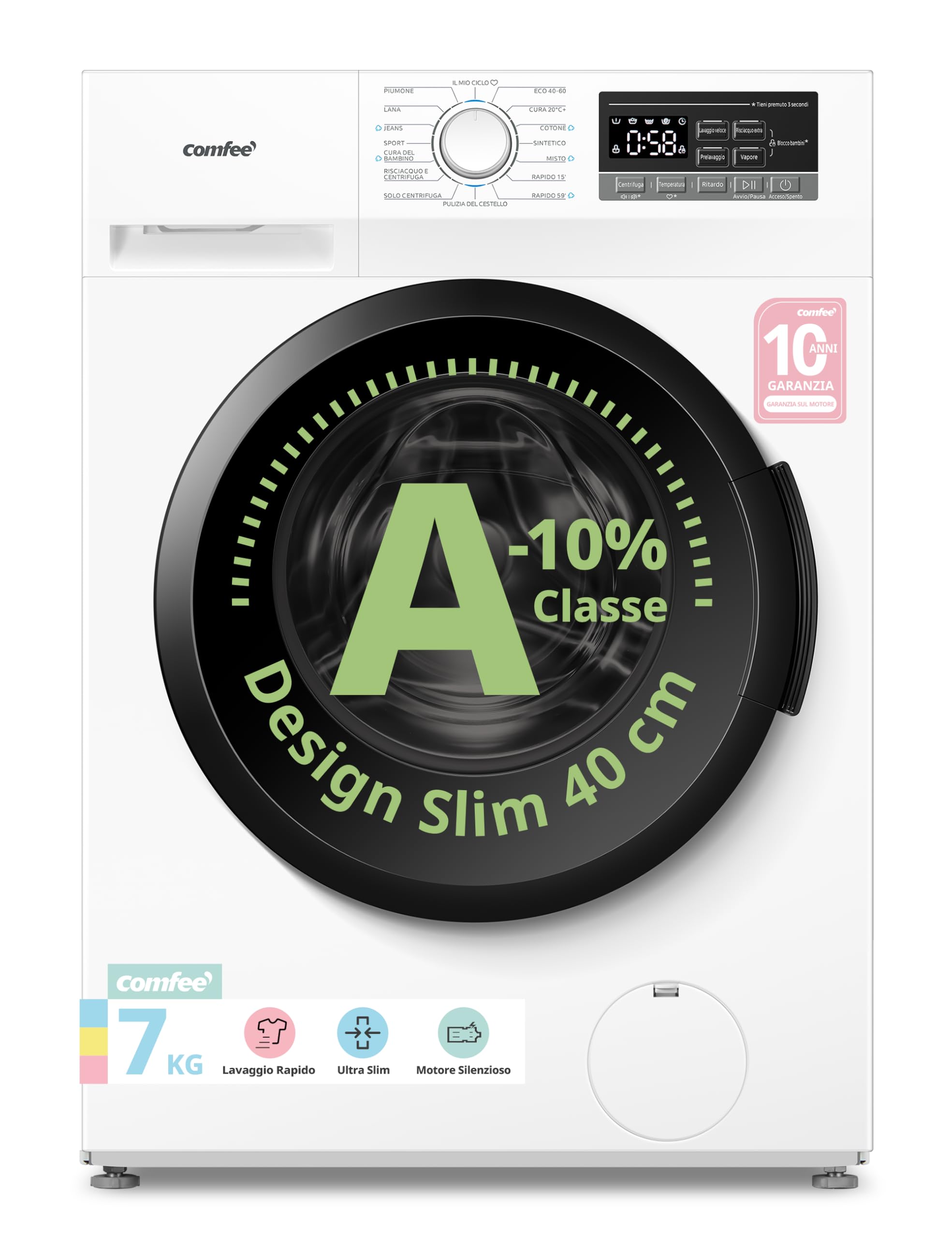 COMFEE' Lavatrice Ultra Slim 7 kg 40 cm Classe A-10% Motore BLDC | Vapore Igienizzante, Baby Care e 16 Programmi per Piccole Famiglie e Spazi Ridotti CFP01EW70W